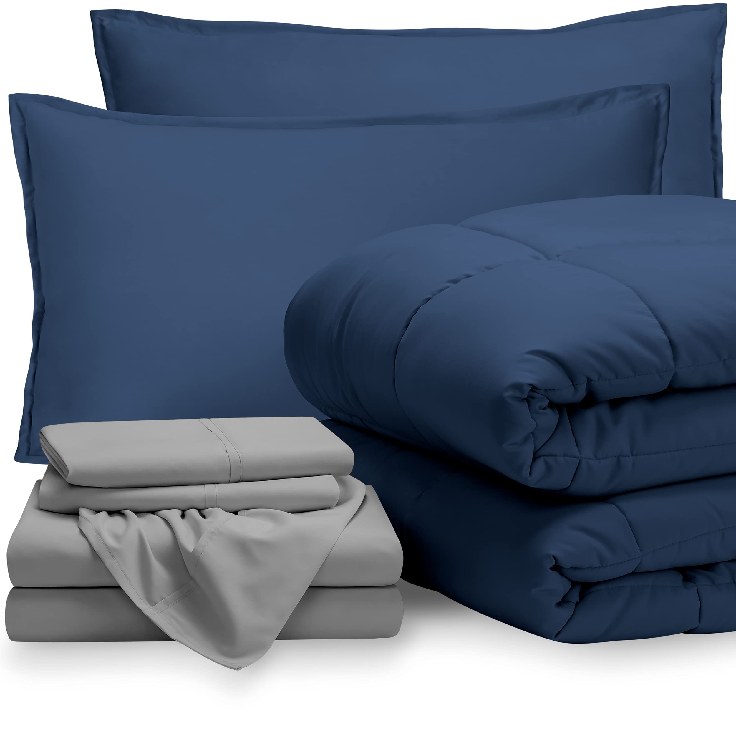 Bare Home 7-Piece Queen Bedding Set - Goose Down Alternative Comforter & Ultra-Soft 1800 Premium Sheets - Dark Blue/Light Grey - Perfect for Master Bedroom, Guest Room & Cozy Home Decor