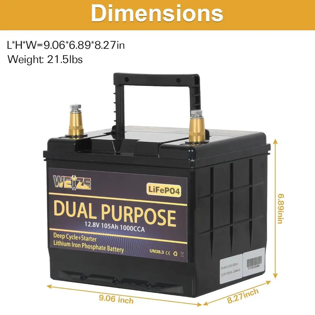 WEIZE 12V 105AH LiFePO4 Lithium Battery - Dual Purpose Starter & Deep Cycle Battery for Marine, RV, Solar - Perfect for Boats, Campers, Off-Grid Power Systems