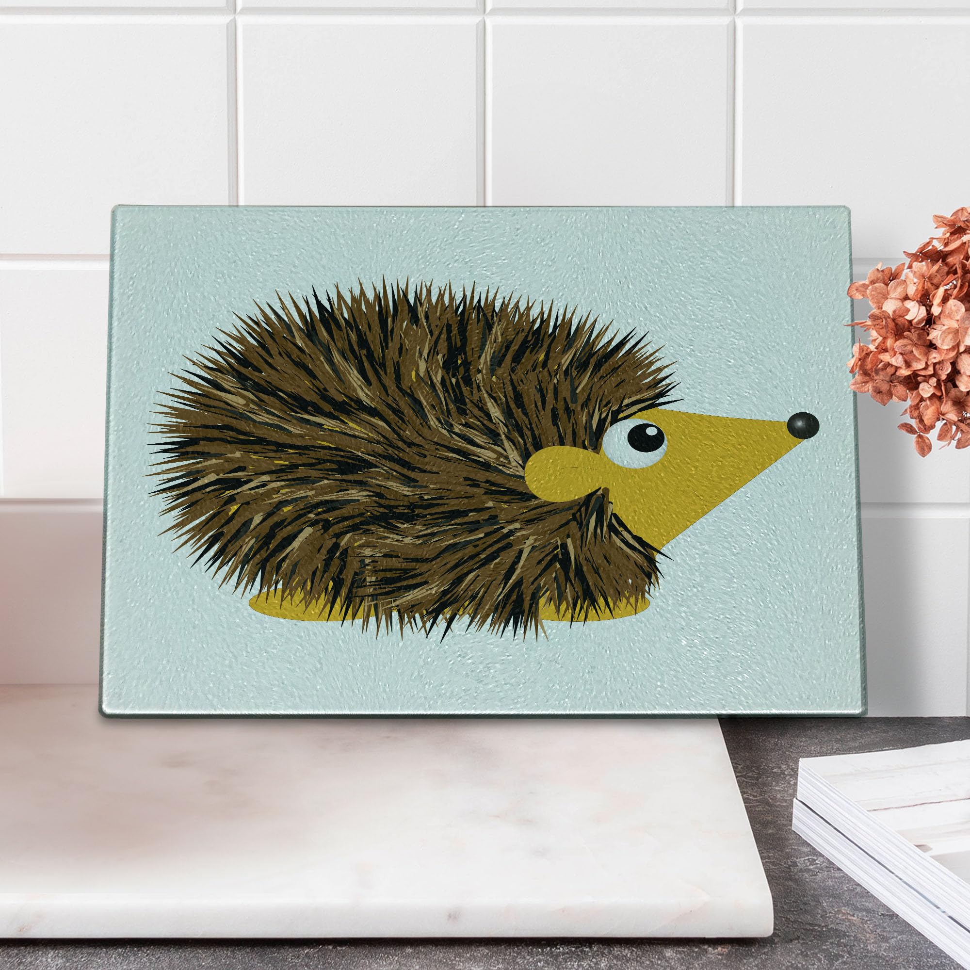Ambesonne Hedgehog Tempered Glass Cutting Board - Cartoon Animal Design with Happy Smile, Small Brown & Yellow Serving Board for Kitchen, Charcuterie & Cheese Display - Perfect for Home Decor, Gift Giving & Party Platters