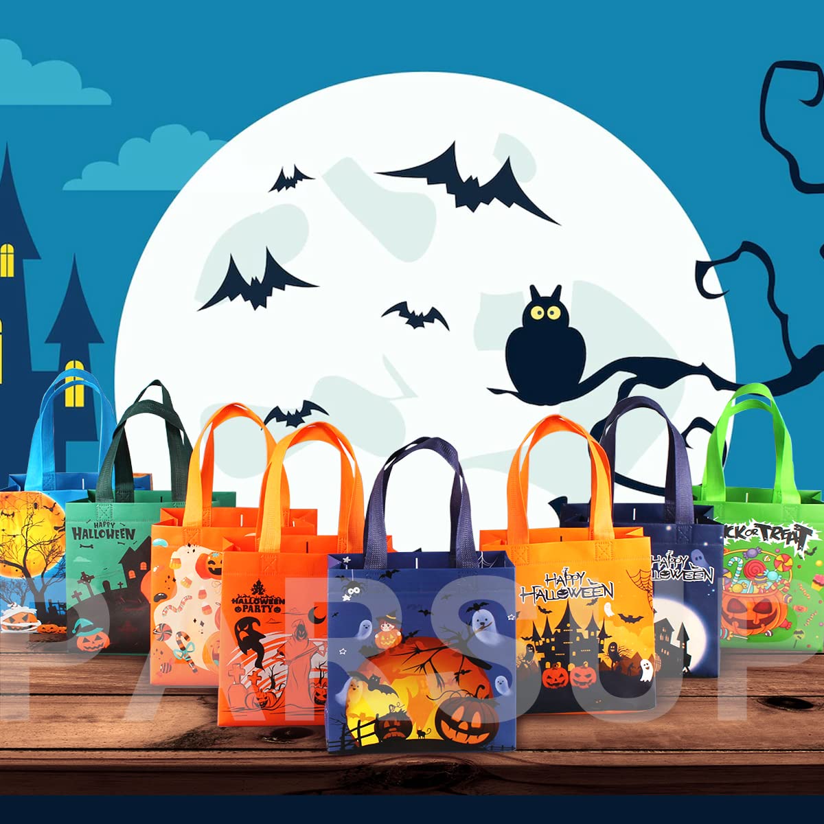 PARSUP 8PCS Halloween Trick or Treat Tote Bags with Handles - Reusable Non-Woven Gift Bags for Candy, Party Favors & Gift Wrapping (7.9