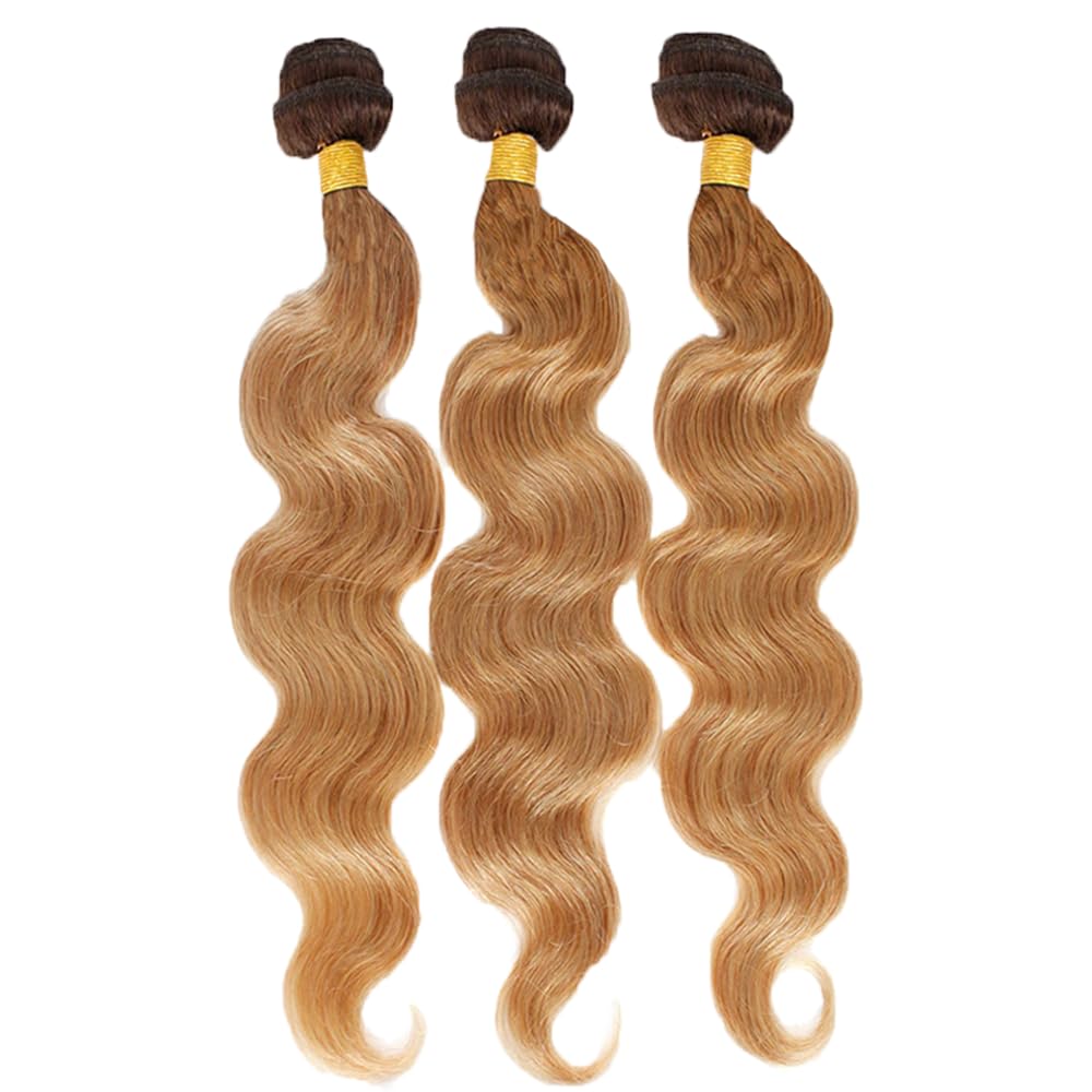 8A Grade Honey Blonde Body Wave Human Hair Weave Extensions - 14/16/18 Inch Ombre Two Tone Brown & Blonde Bundles (T4/27) | Perfect for Daily Styling, Parties & Special Occasions