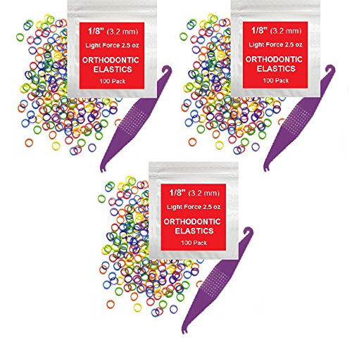 1/8 Inch Orthodontic Elastic Rubber Bands - 300 Pack, Neon Colors, Light Force 2.5 oz - Dental Braces Bands for Teeth Gap Fixing, Dreadlock Hair Ties, Includes 1 Elastic Placer Tool - Perfect for Braces Adjustment & Hair Styling