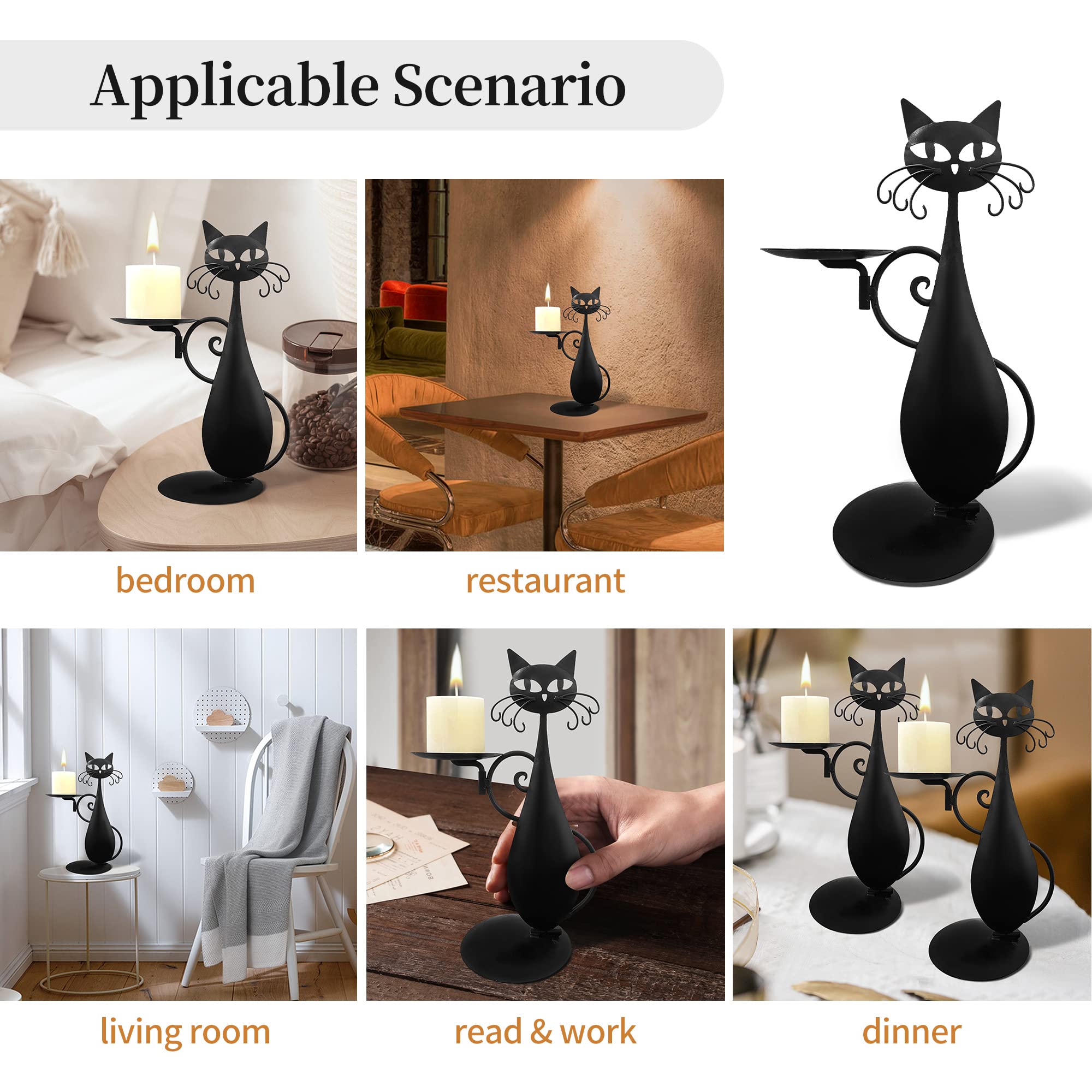 Black Cat Candle Holder for Pillar & LED Candles - Farmhouse Decor for Dining Table & Gifts