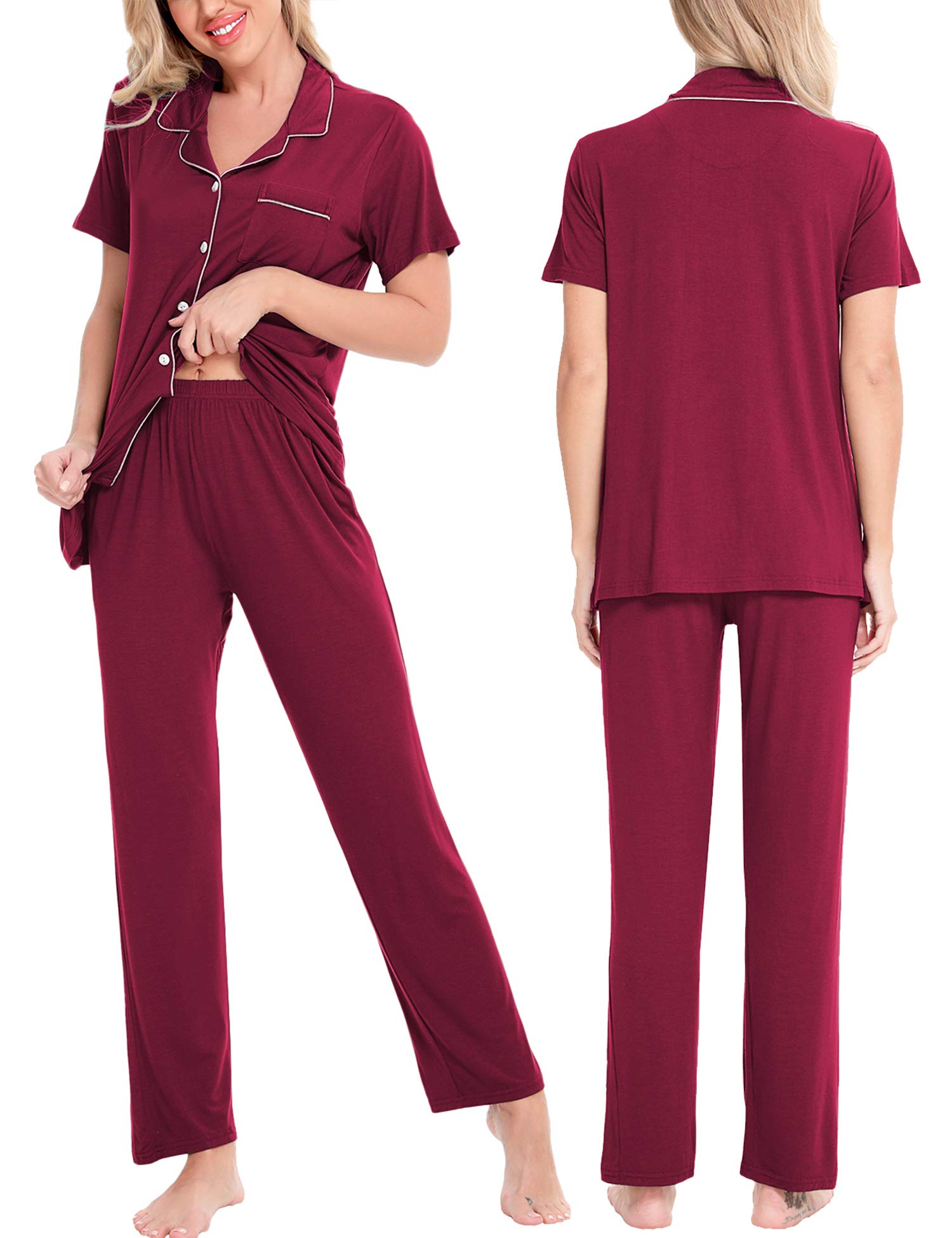 SWOMOG Women's 2-Piece Pajama Set - Soft Short Sleeve Button Down Sleepwear with Comfortable Long Pants for Nightwear, Lounge & Relaxation at Home