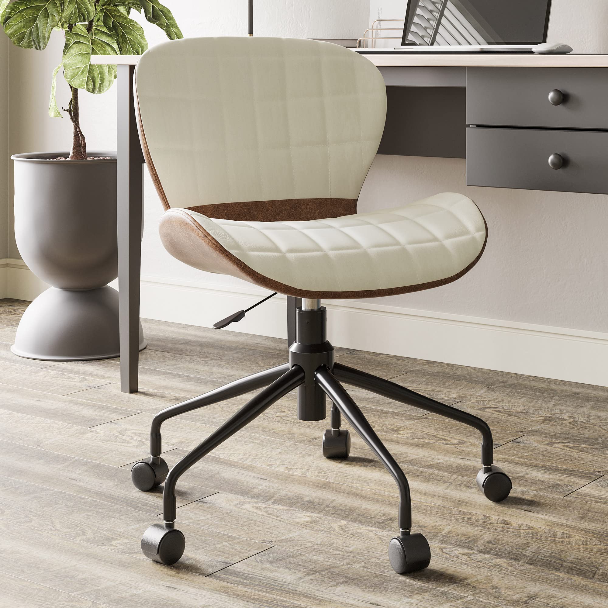 BELLEZE Modern Upholstered Linen Desk Chair with Swivel Wheels & Height Adjustment - Ergonomic Office Chair for Home Workspace, Gaming Desk, or Vanity Seating (Caramel Beige) - Perfect for Remote Work, Study, and Makeup Stations