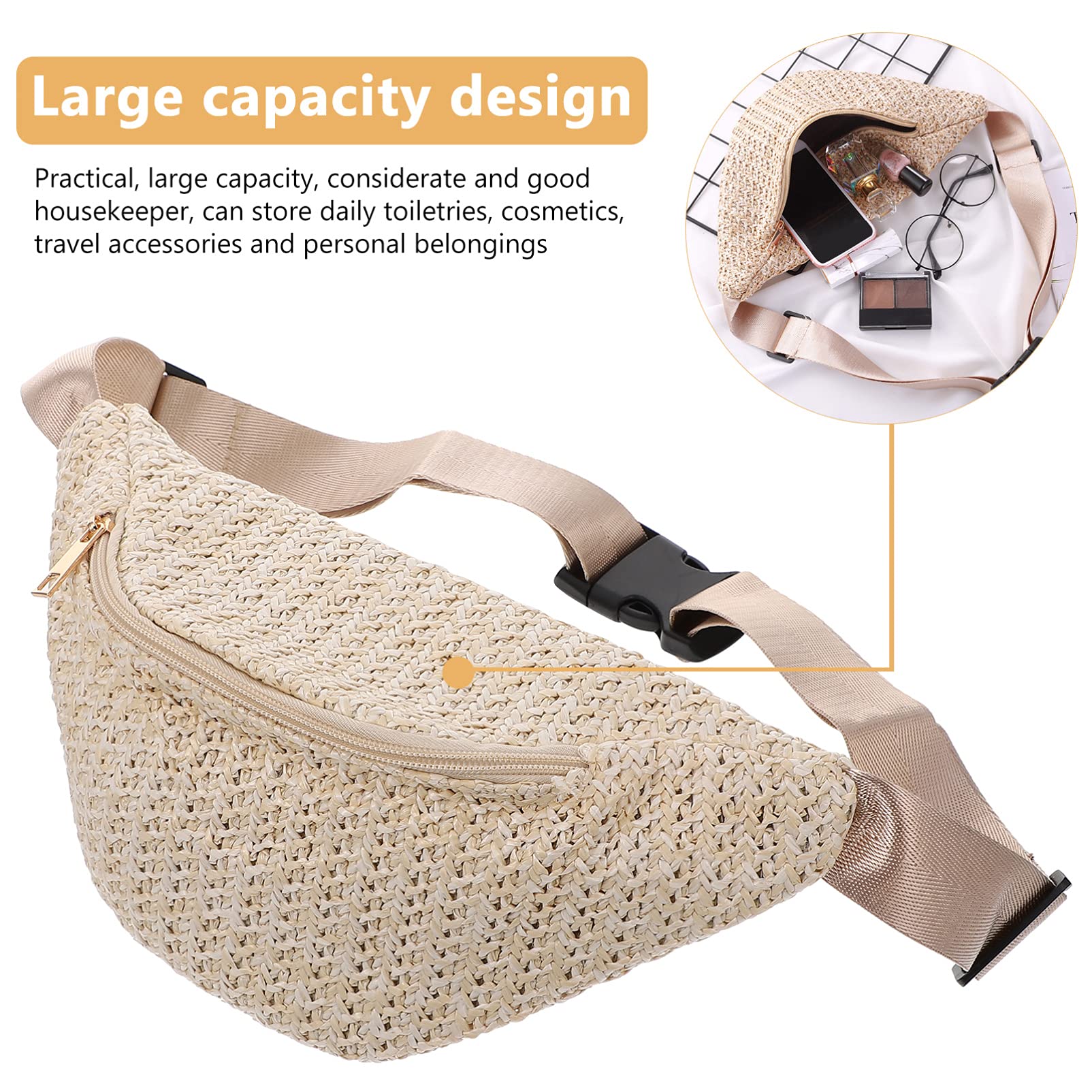 Amosfun Kids Fanny Pack for Boys & Girls - Adjustable Waist Bag for Hiking, Festivals, Travel - Crossbody Chest Pouch - Summer Straw Woven Design - Perfect for Outdoor Activities, Sports & Daily Use
