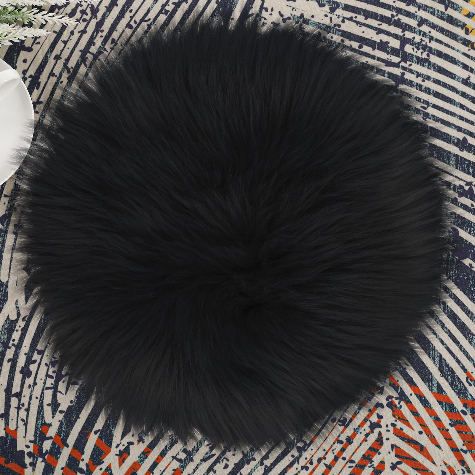 Soft Faux Fur Round Chair Pad Protector - 30cm Black Small Rug for Desk, Sofa & Couch Seat Cover | Home Decor for Living Room, Kids Bedroom | Perfect for Photography Background & Craft Projects