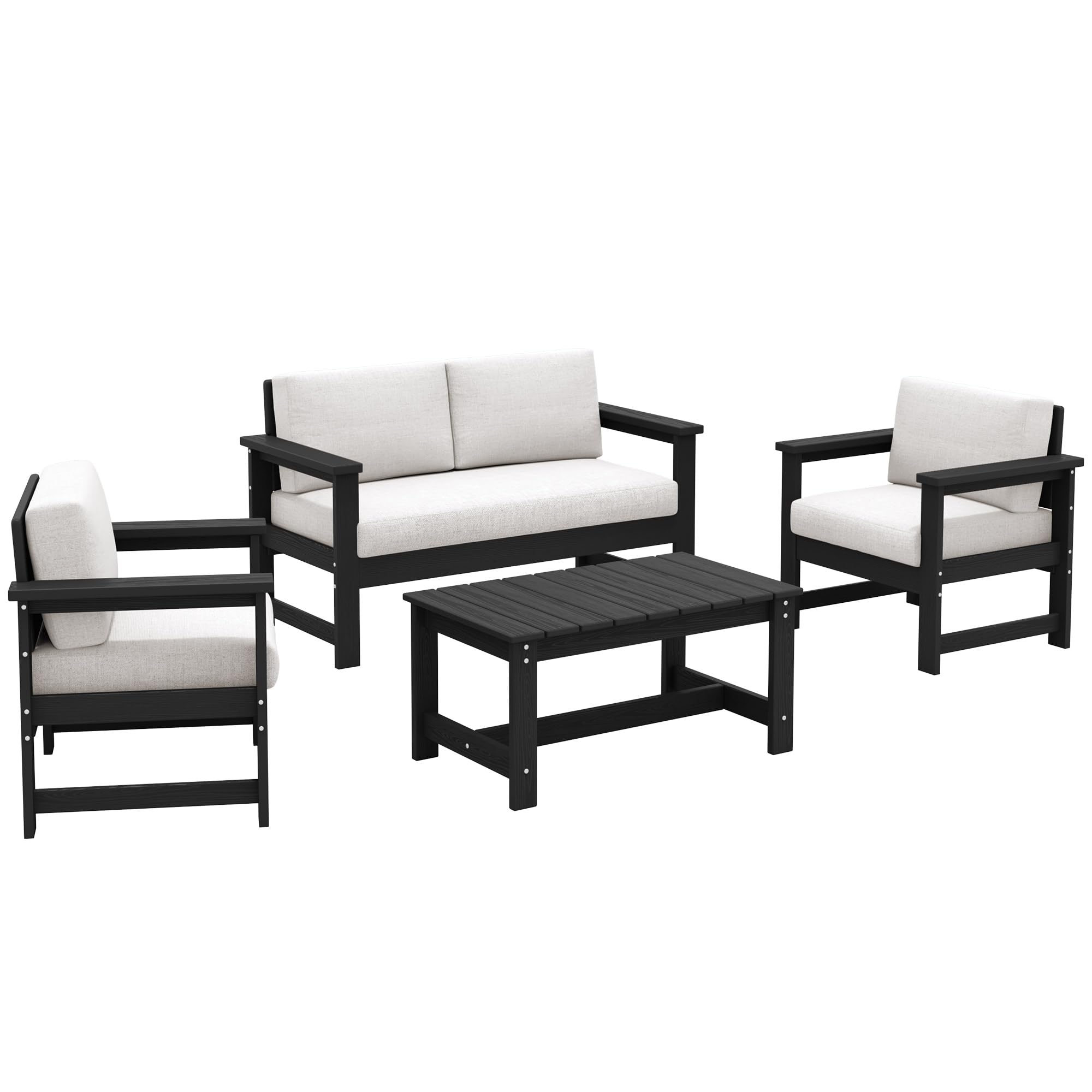 SERWALL 4-Piece Outdoor Patio Furniture Set - All-Weather HDPE Loveseat Sofa with Cushions & Coffee Table, Black Frame & Khaki Cushions for Garden, Deck, Backyard or Poolside Relaxation