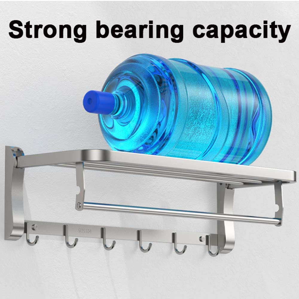 Stainless Steel Foldable Wall Mounted Towel Rack with 6 Hooks - Double Towel Holder & Shelf for Bathroom, Kitchen, Laundry Room - 80cm Silver Towel Rail for Space Saving Organization