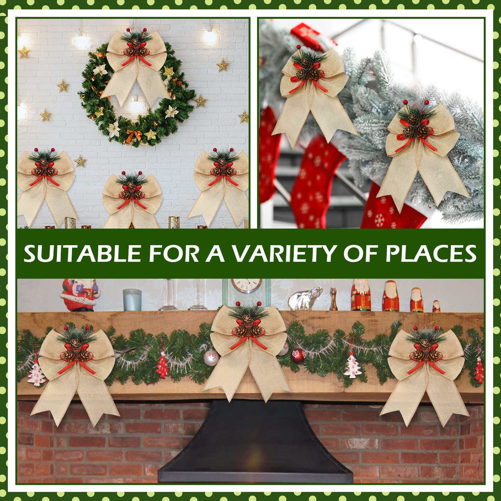 4-Piece Buffalo Plaid Christmas Bows with Pine Cones - Rustic Wreath Ribbon & Tree Decorations for Indoor/Outdoor Holiday Crafts (Beige) | Perfect for Xmas Tree Toppers, Gift Wrapping, Mantel Decor & Festive DIY Projects