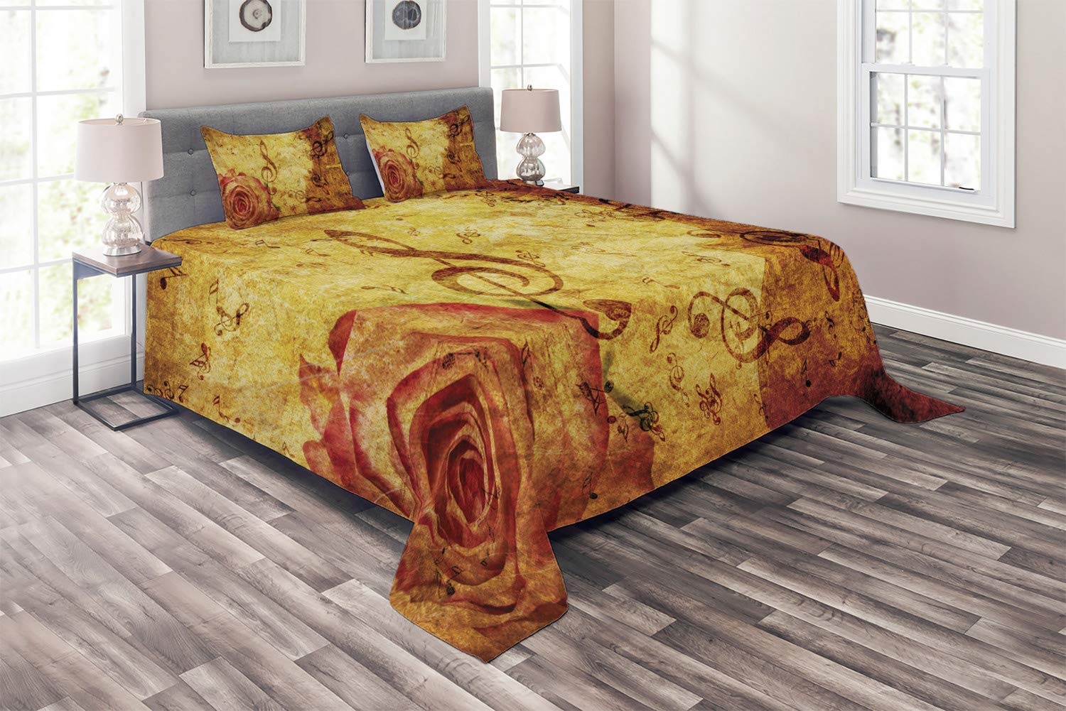 Ambesonne Vintage Rose Quilted Bedspread Set - 3 Piece King Size Cream & Red Floral Coverlet with 2 Pillow Shams, Musical Note Treble Clef Design | Perfect for Master Bedroom, Guest Room Decor & Bohemian Style Homes