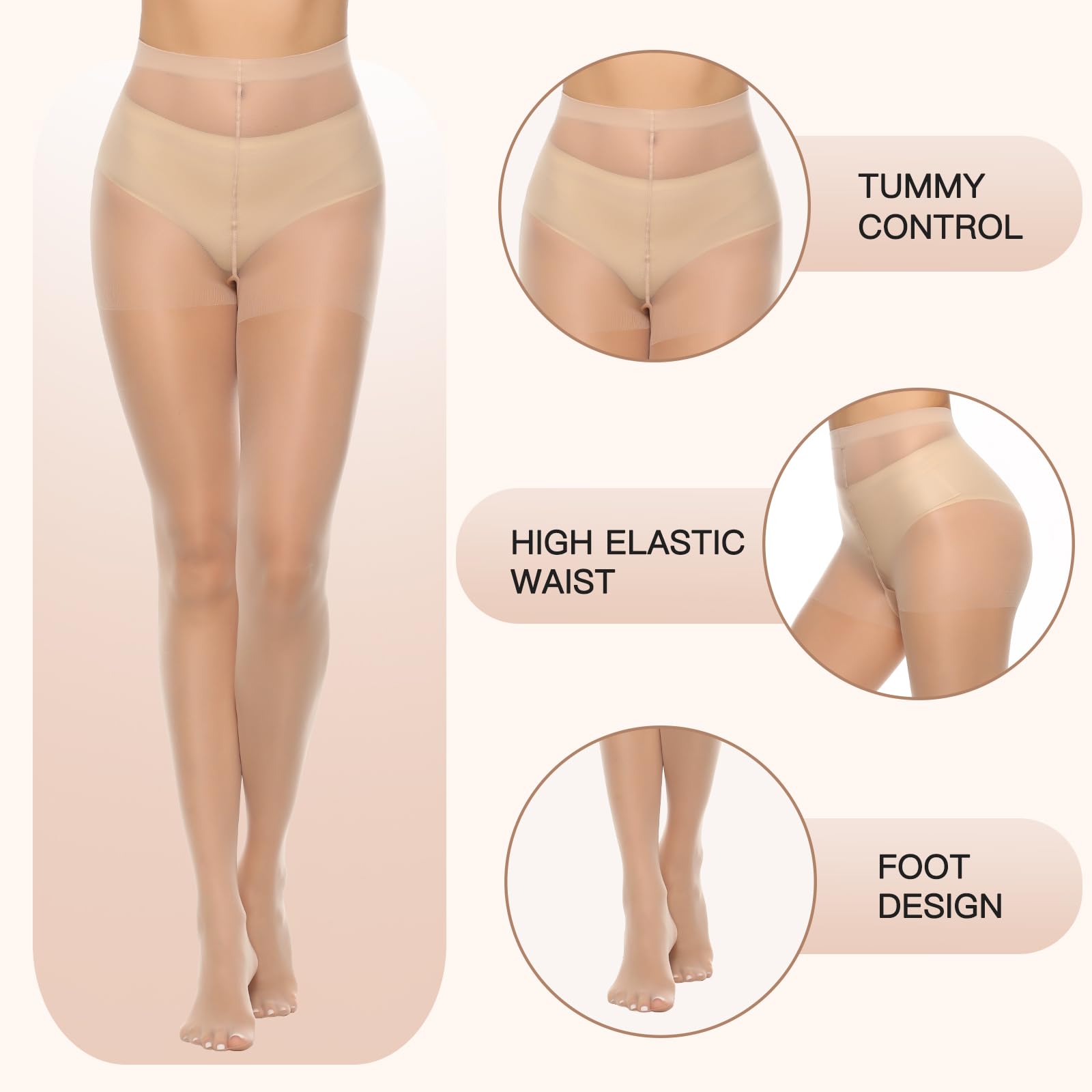 MANZI 6 Pairs 20D Women's Sheer Tights - Ultra Thin High Waist Pantyhose & Thigh Stockings for Everyday Wear, Office, Party & Special Occasions