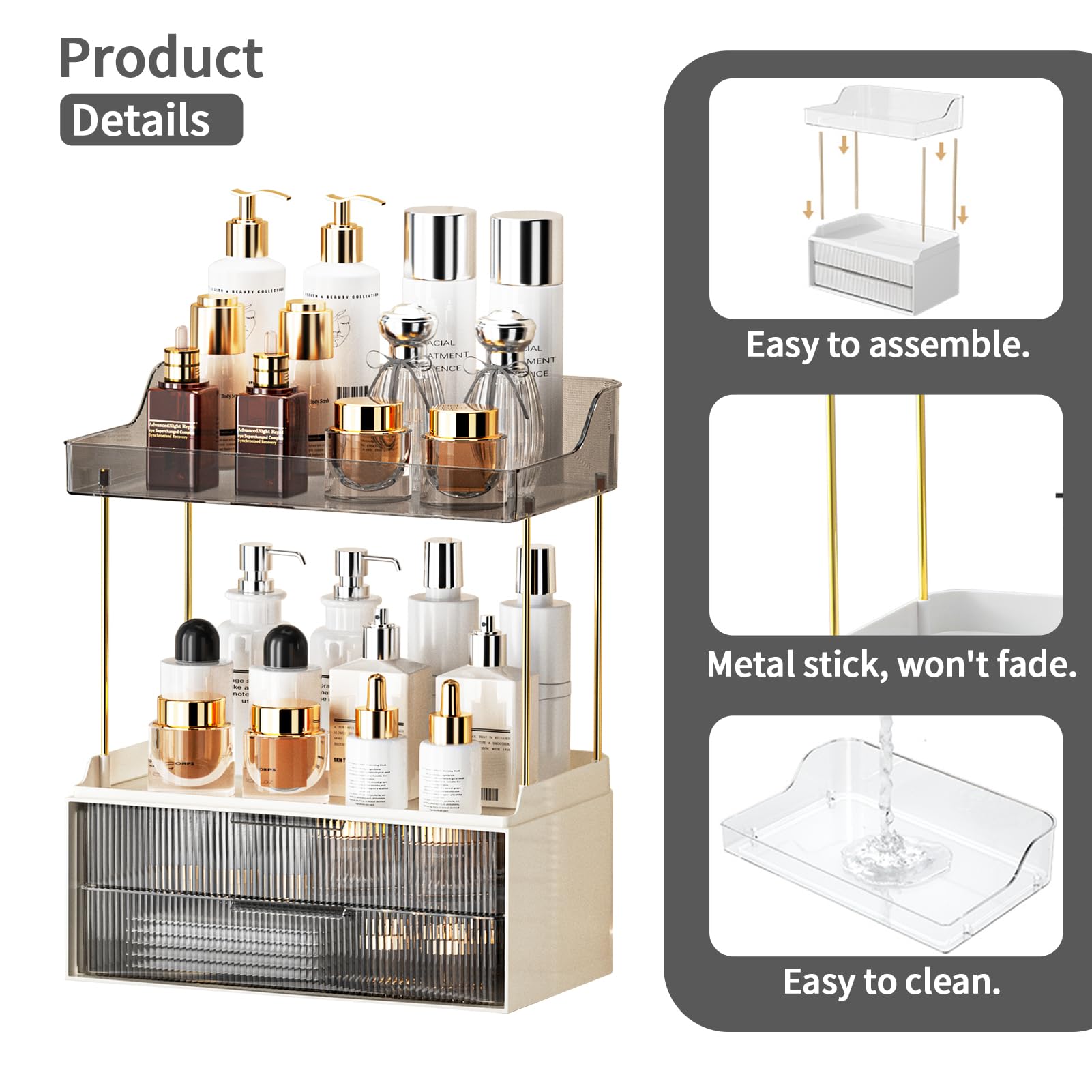 2-Tier 2-Drawer Bathroom Countertop Organizer | Multi-Purpose Makeup Storage Rack for Vanity & Cosmetic Counter | Space-Saving Grey Organizer for Bathroom, Bedroom & Dressing Table