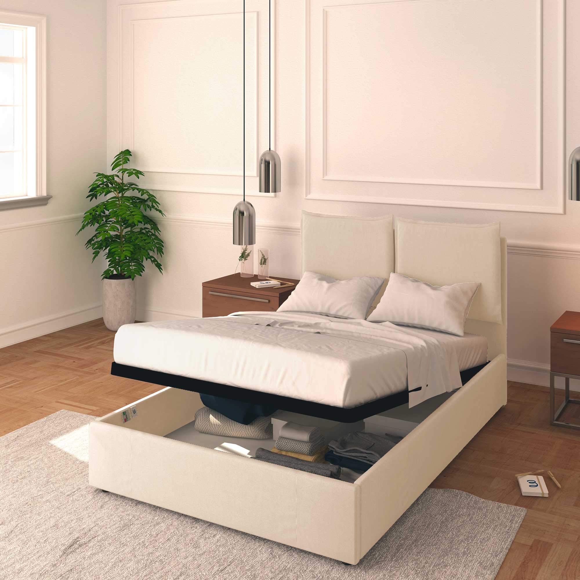 Baldiflex Queen Size Bed with Storage - Licia Model, Synthetic Leather Upholstery, Slatted Base for Queen Mattress, 140 x 190 cm, Padded Headboard, White - Perfect for Modern Bedrooms & Small Spaces