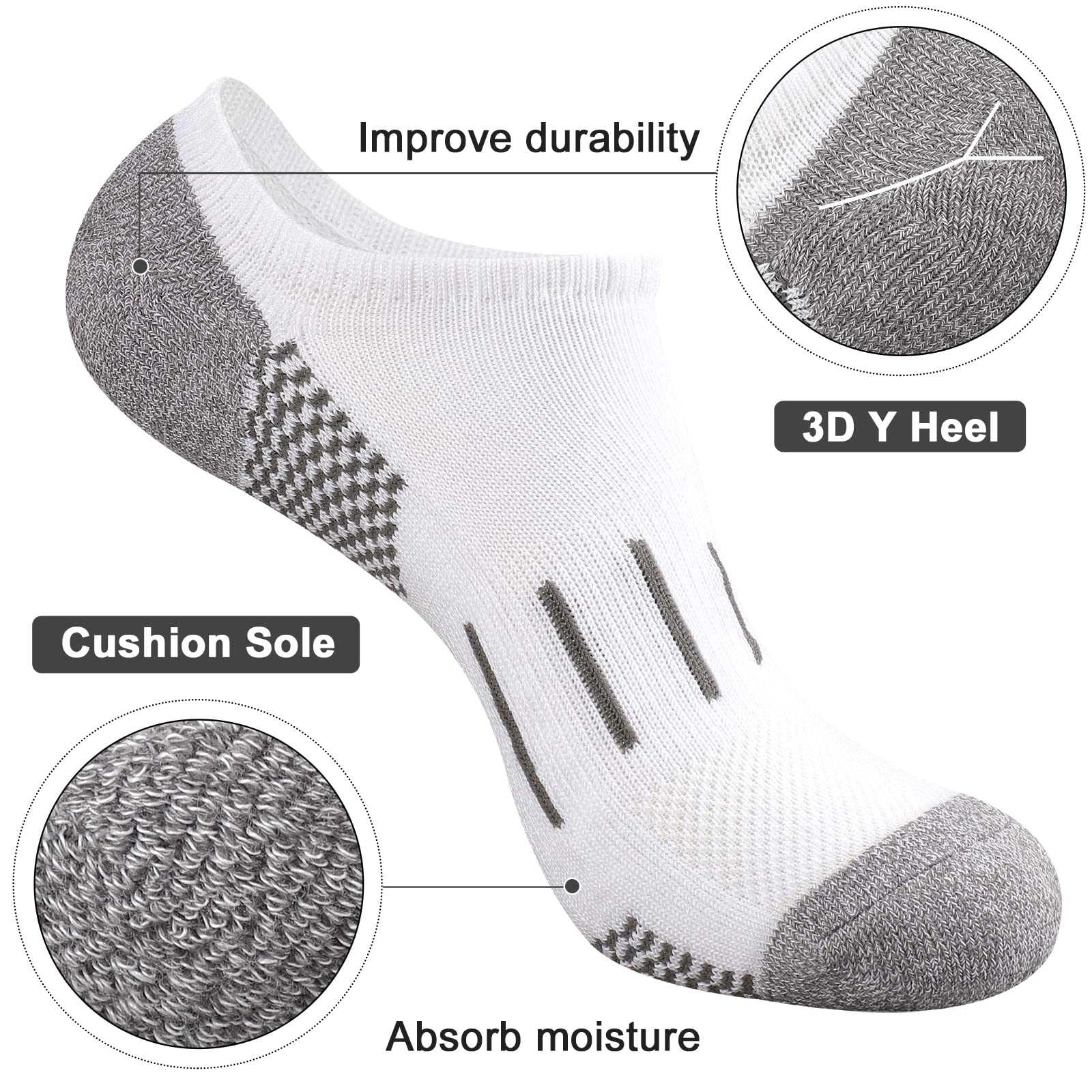 Heatuff No Show Socks for Men - 7 Pairs Low Cut Athletic Socks with Cushion & Non-Slip Grip - Breathable Invisible Socks for Running, Gym, Workout & Daily Wear