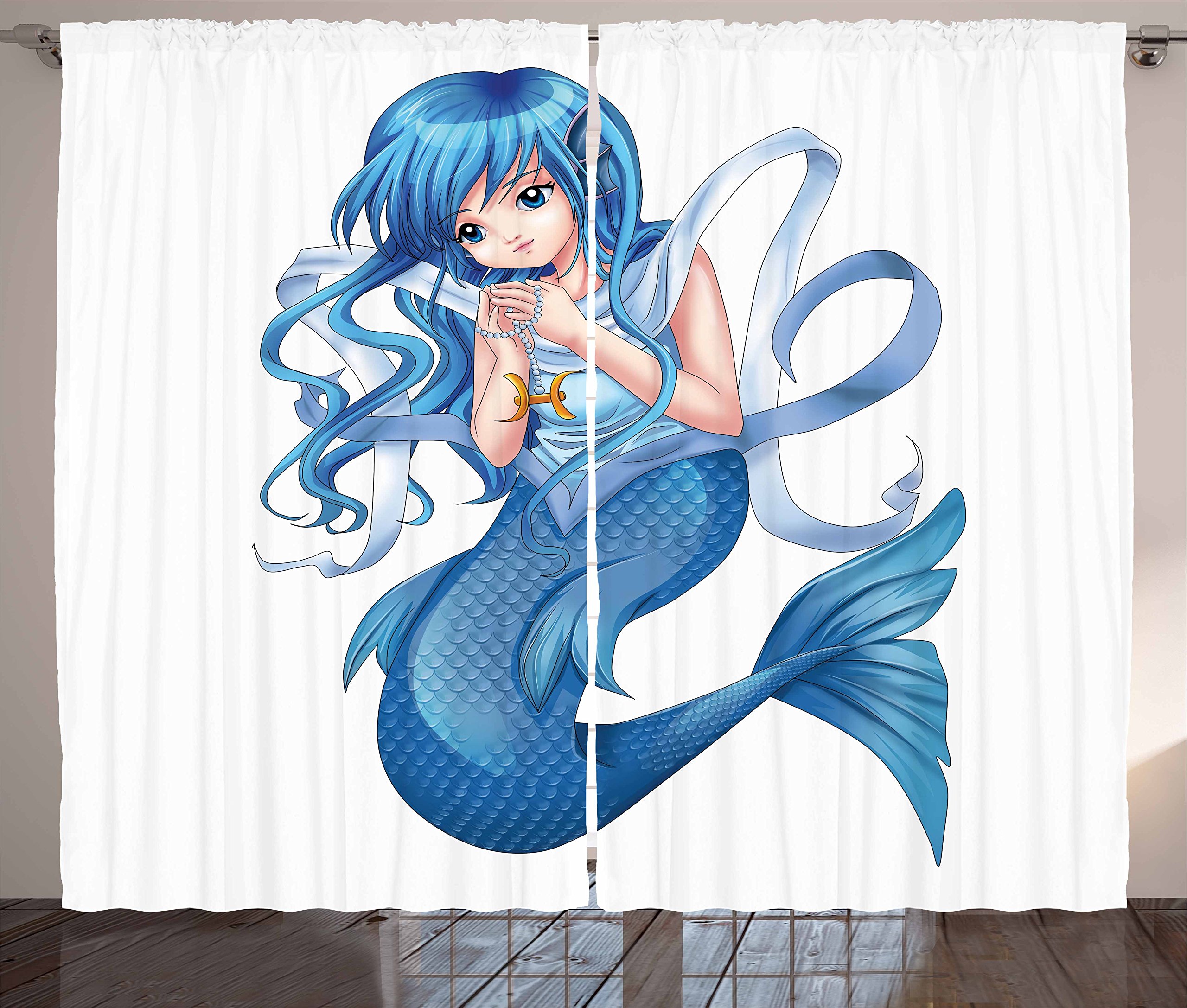 Ambesonne Anime Curtains - Pisces Zodiac Manga Cartoon Girl Design, Blue and White Window Drapes 2 Panel Set (108
