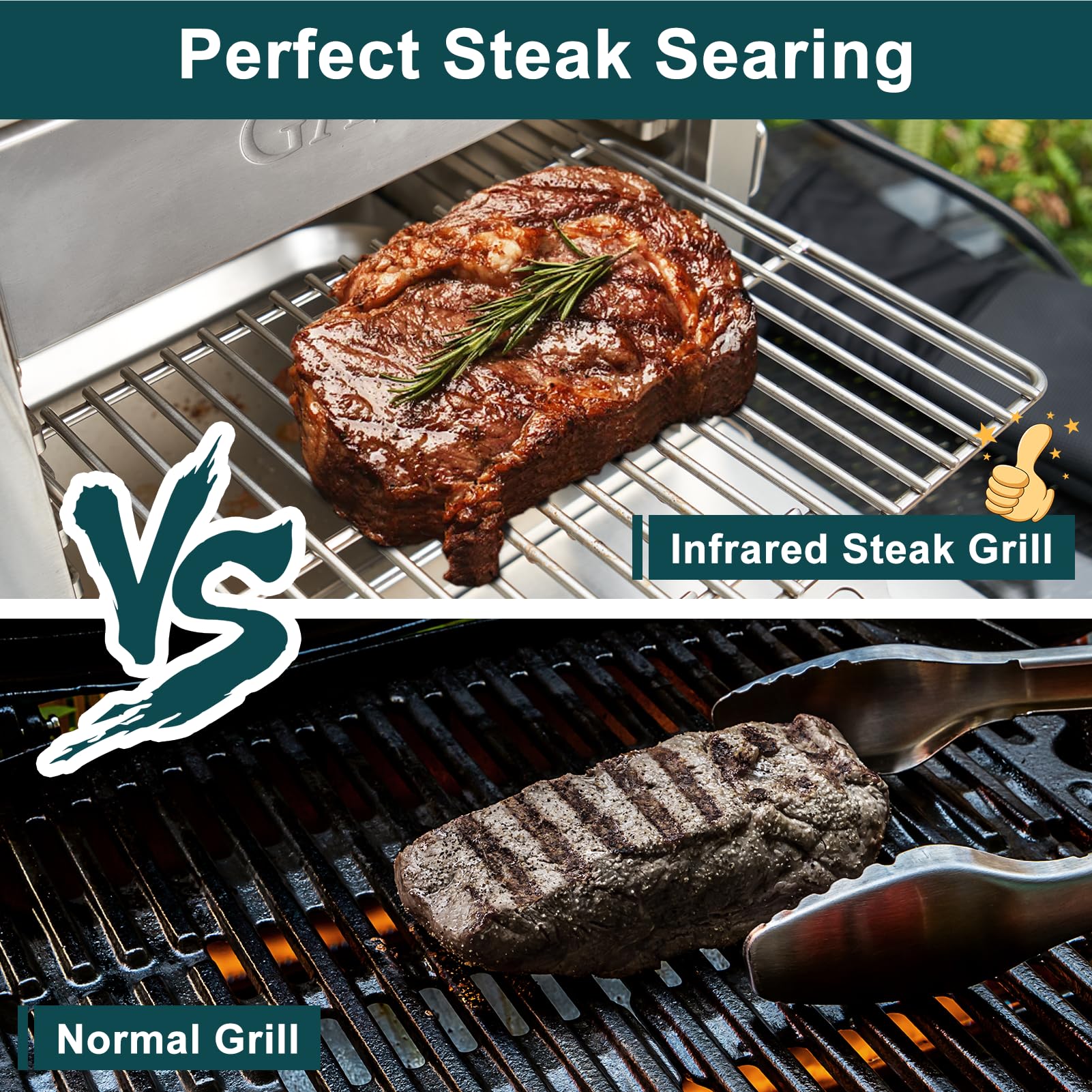 GASPRO 2-in-1 Propane Infrared Steak Grill with XL Cast Iron Griddle - 125 in² Large Cooking Area, Foldable Dustproof Design - Perfect for Outdoor BBQ, Camping & Backyard Parties