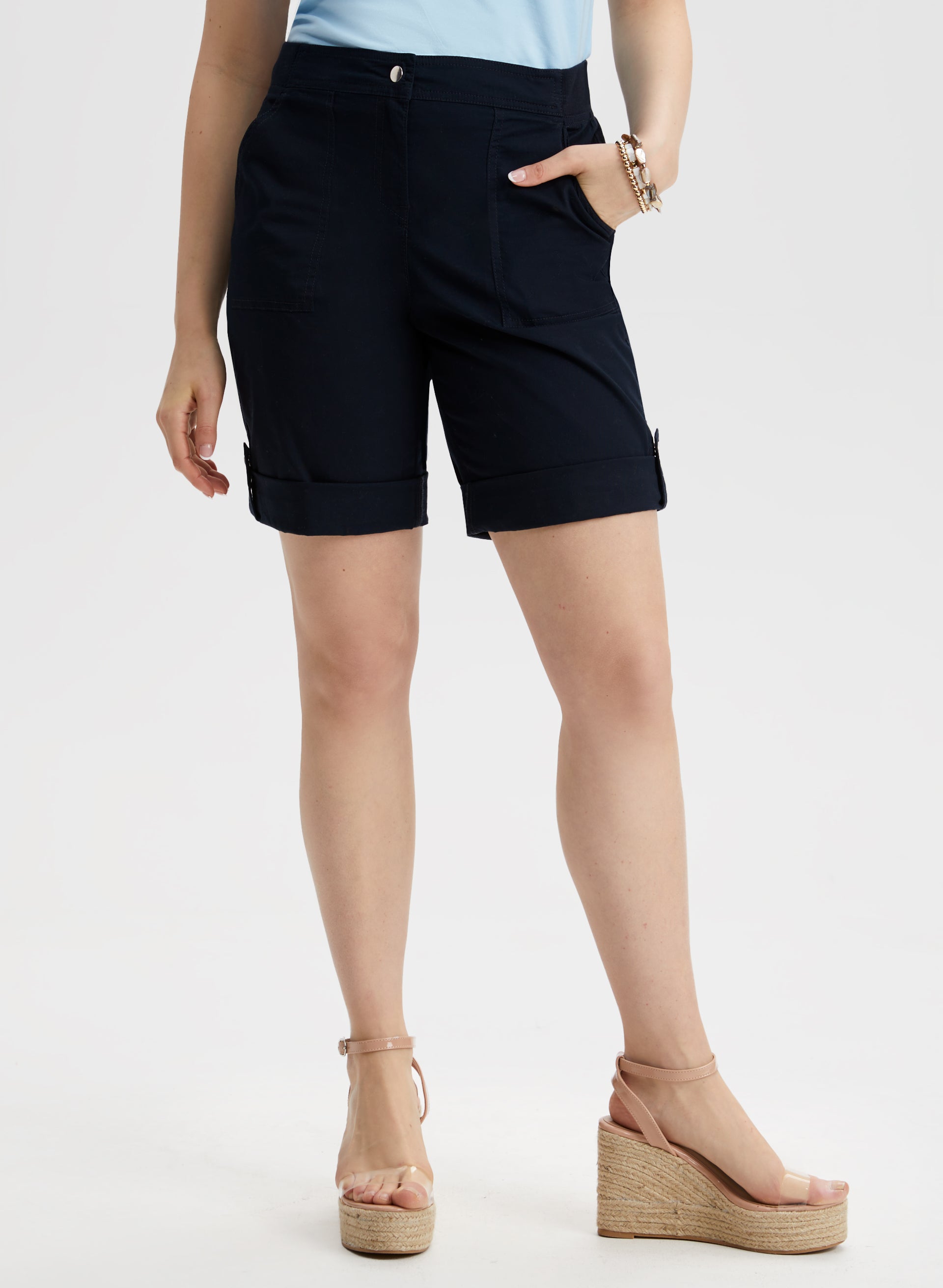 Women's High Waist Cuffed Tab Detail Denim Shorts - Casual Summer Fashion for Outfits & Beach Wear
