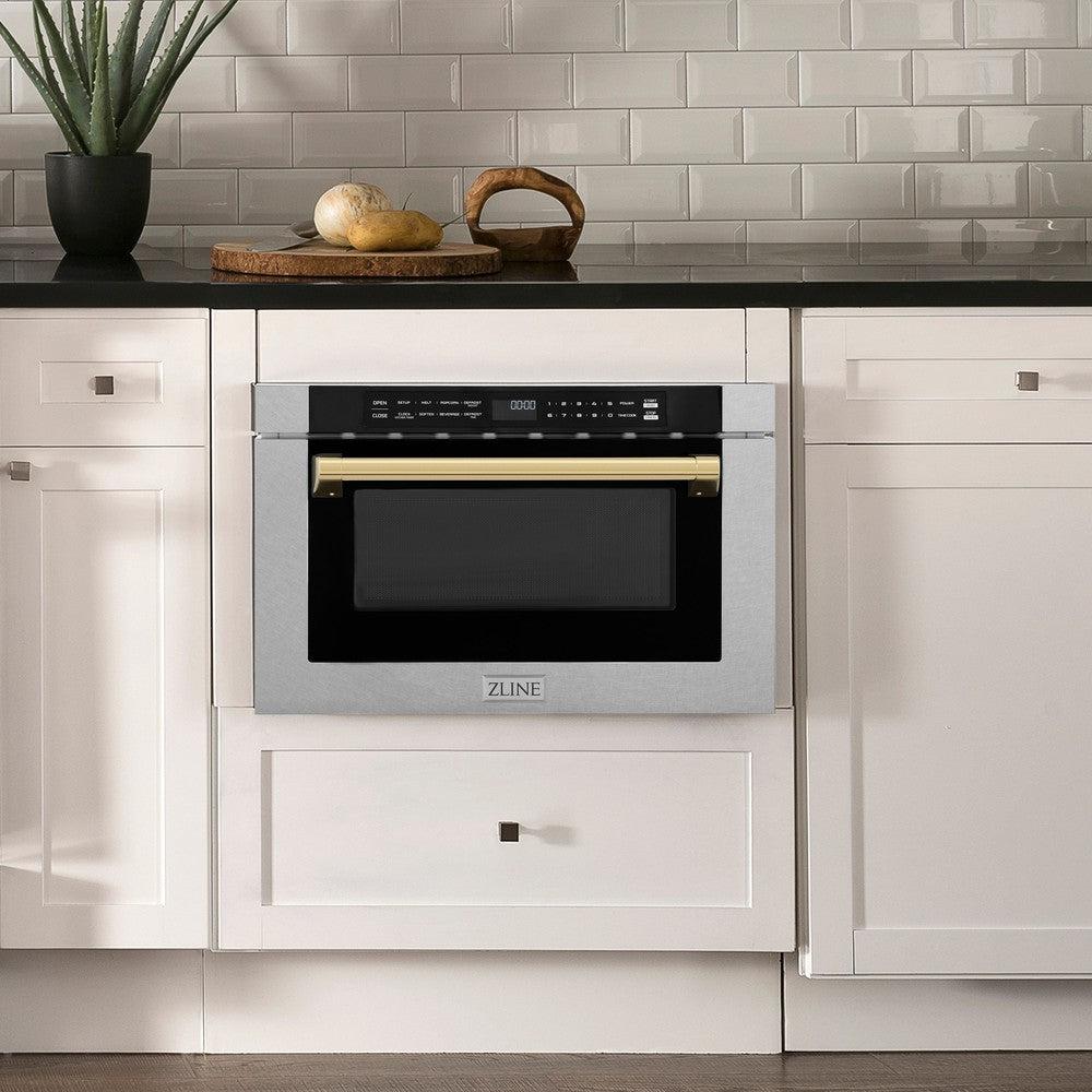 ZLINE Autograph Edition 24-inch Built-in Microwave Drawer - 1.2 cu.ft Capacity, Satin Stainless Steel with Polished Gold Accents, Traditional Handle (MWDZ 1 SS H G) - Perfect for Modern Kitchens, Luxury Homes & High-End Appliances