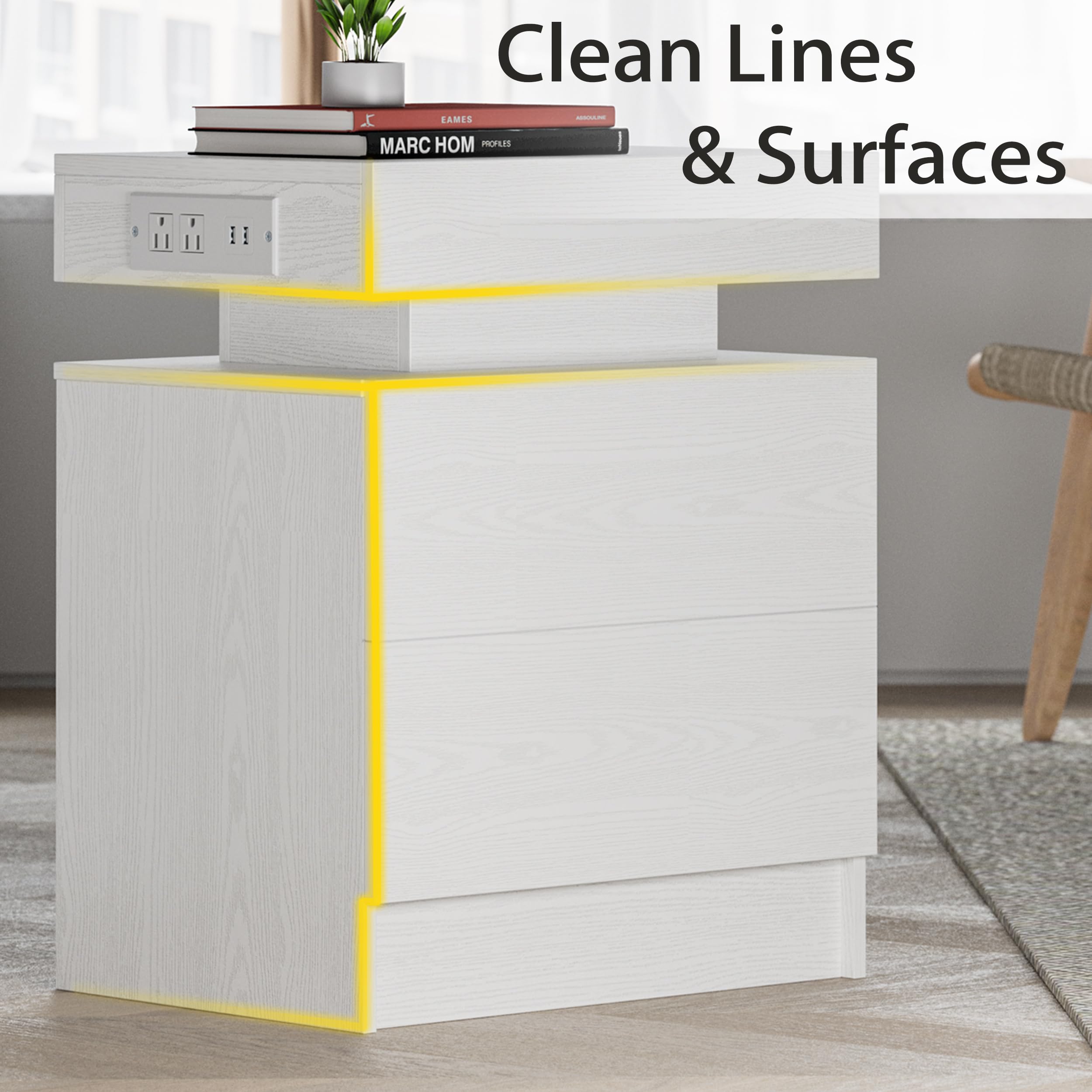 Modern White Nightstand with LED Light & USB Charging Station - 3 Drawers Bedside Table for Bedroom, Living Room | Compact End Table with Soft Glow Lighting for Phones, Books & Bedroom Essentials