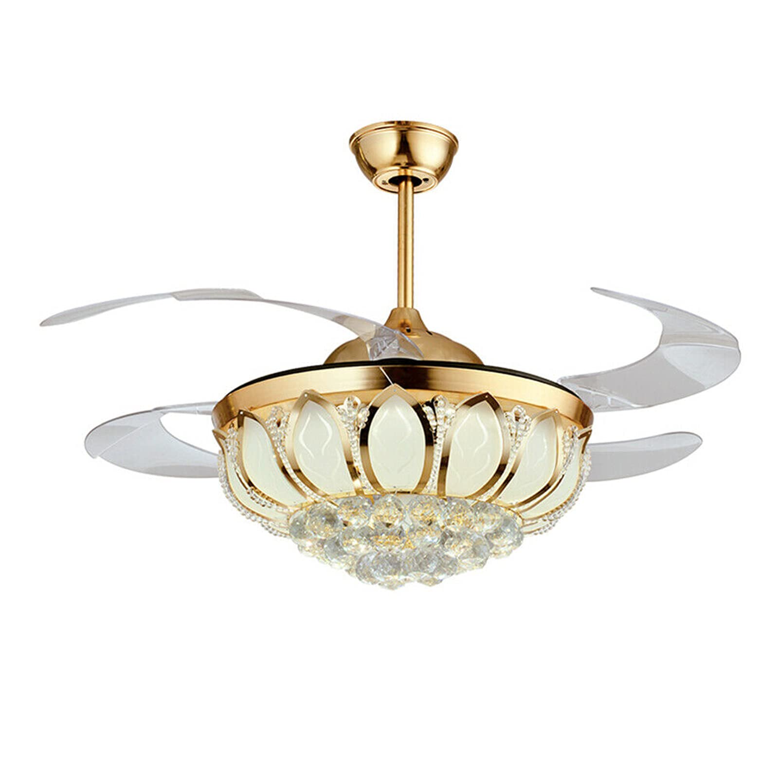 42 Inch Modern Gold Crystal Chandelier Ceiling Fan with LED Light & Remote Control - Retractable Blades, Quiet DC Motor - Perfect for Dining Room, Bedroom, Living Room & Home Decor