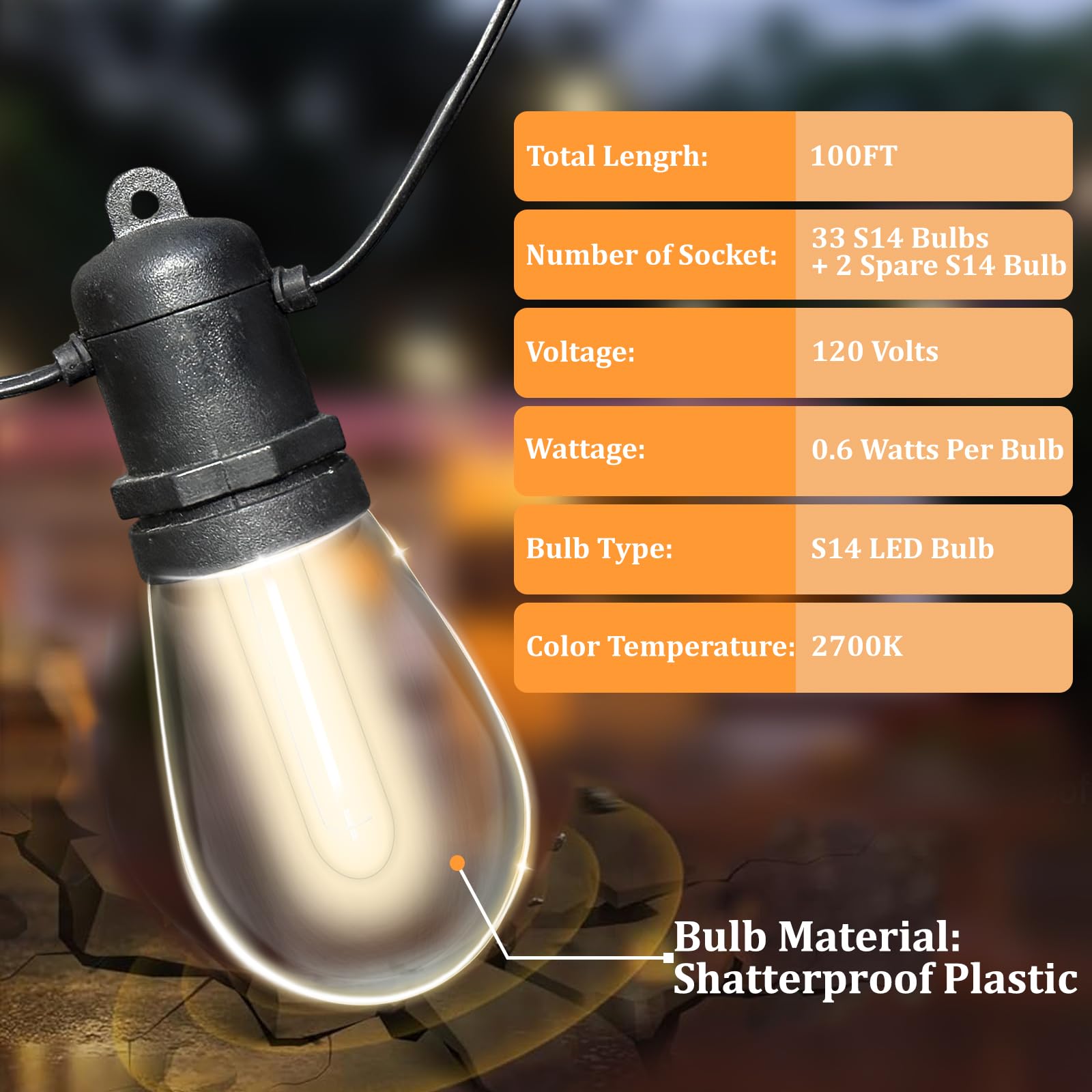 35 LED 100FT Outdoor Patio String Lights - UL Certified Waterproof Hanging Lights with 2 Spare Bulbs, Commercial Grade Black Wire for Backyard, Garden, Wedding & Party Decorations