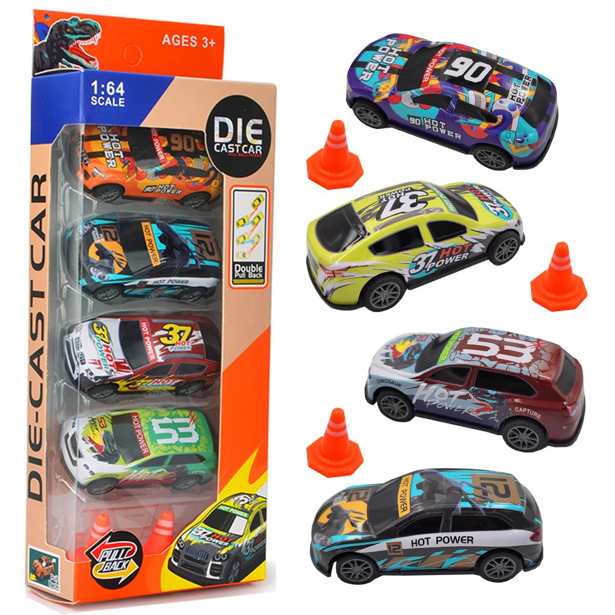 4 Pack Pull Back Racing Cars - 3 Inch Die Cast Metal Friction Powered Toy Cars for Kids & Toddlers - Fun Race Car Toys for Indoor Play, Birthday Gifts & Party Favors