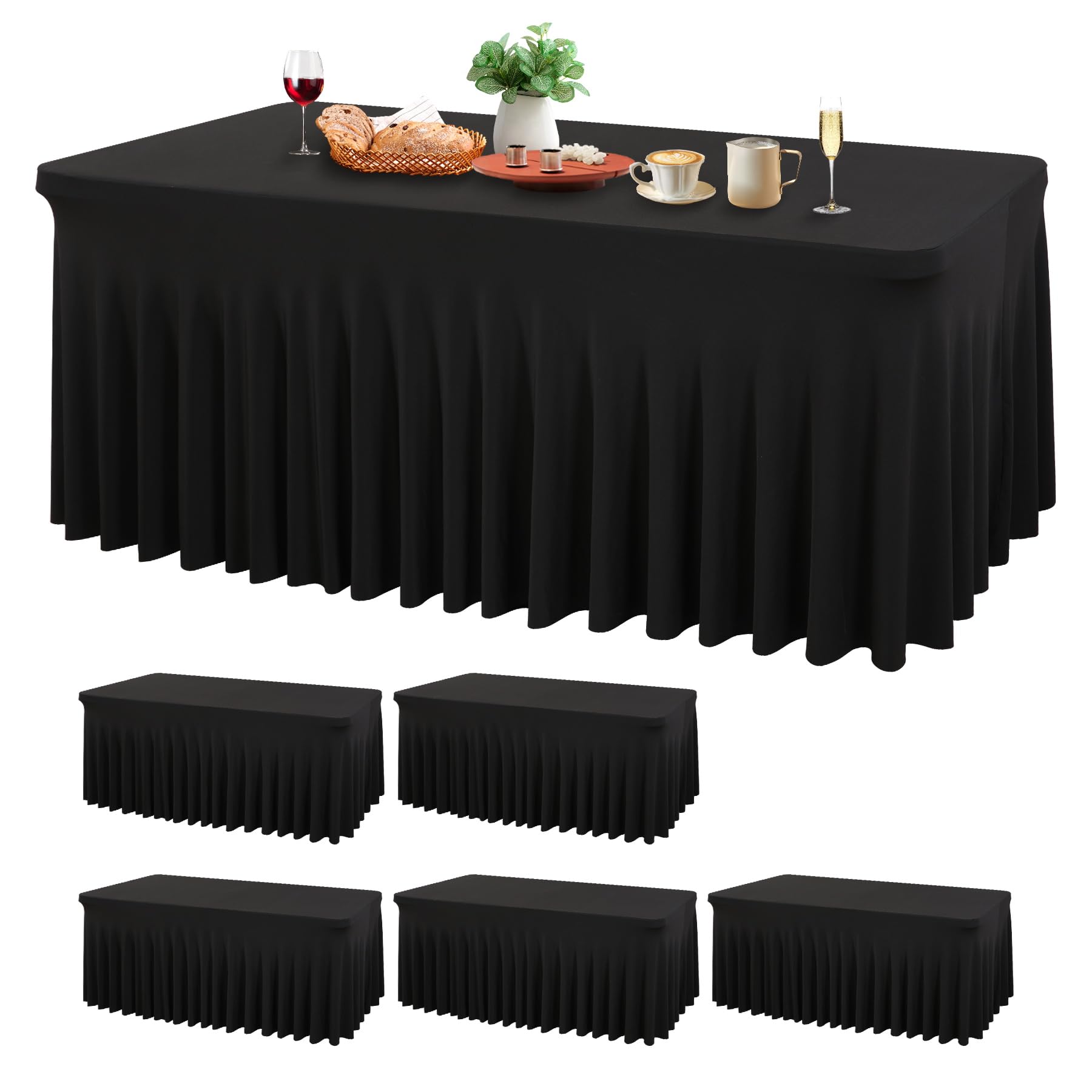 6 Pack Black Spandex Tablecloths for 6ft Rectangle Tables - Wrinkle-Free Stretch Fitted Table Covers for Wedding, Banquet, Party & Events (Perfect for Indoor/Outoor Dining, Buffets & Decorations)