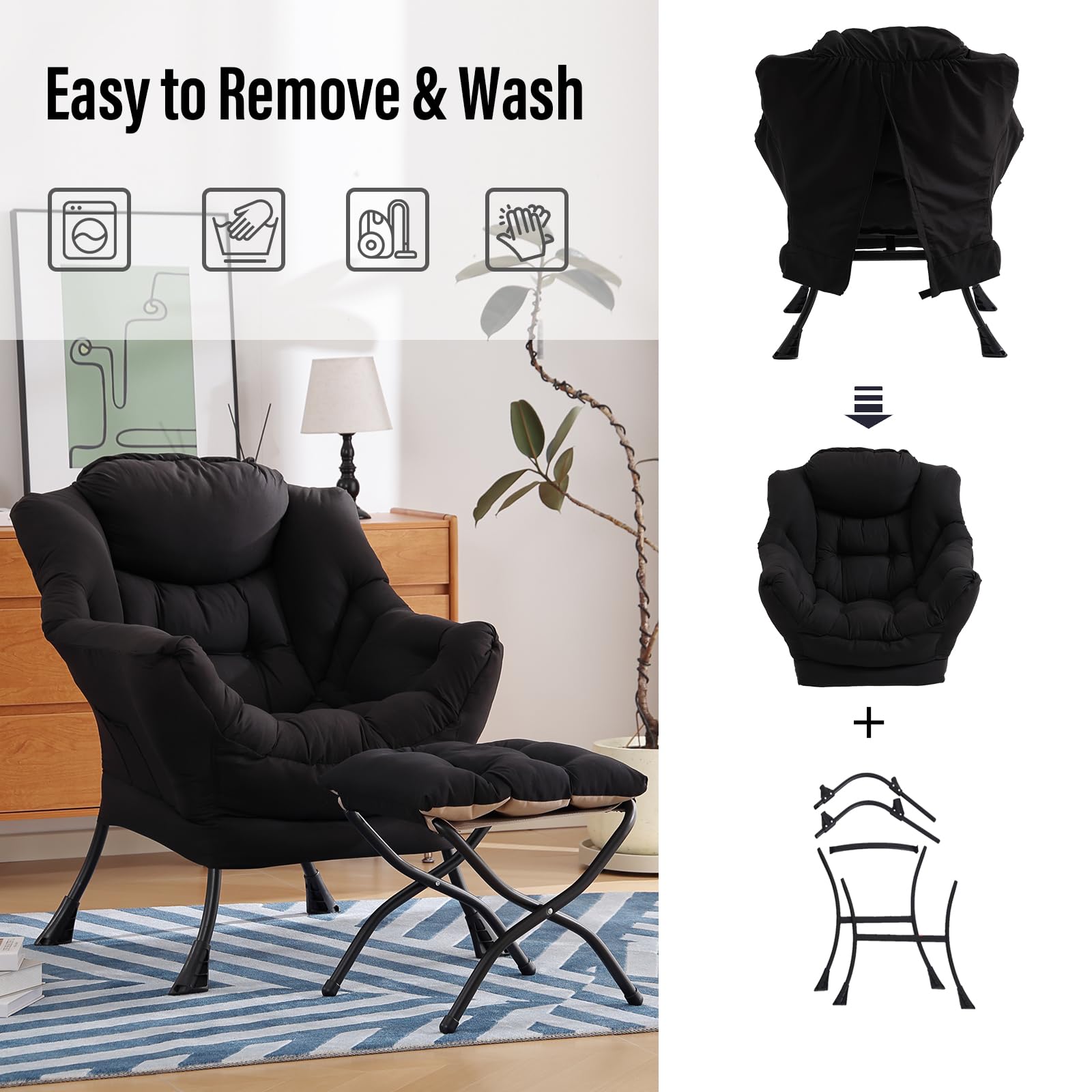 Modern Lazy Chair with Ottoman - Folding Footrest Lounge Accent Chair for Living Room - Comfortable Reading Recliner Chair (Black) - Perfect for Relaxing, Napping & Home Office Use