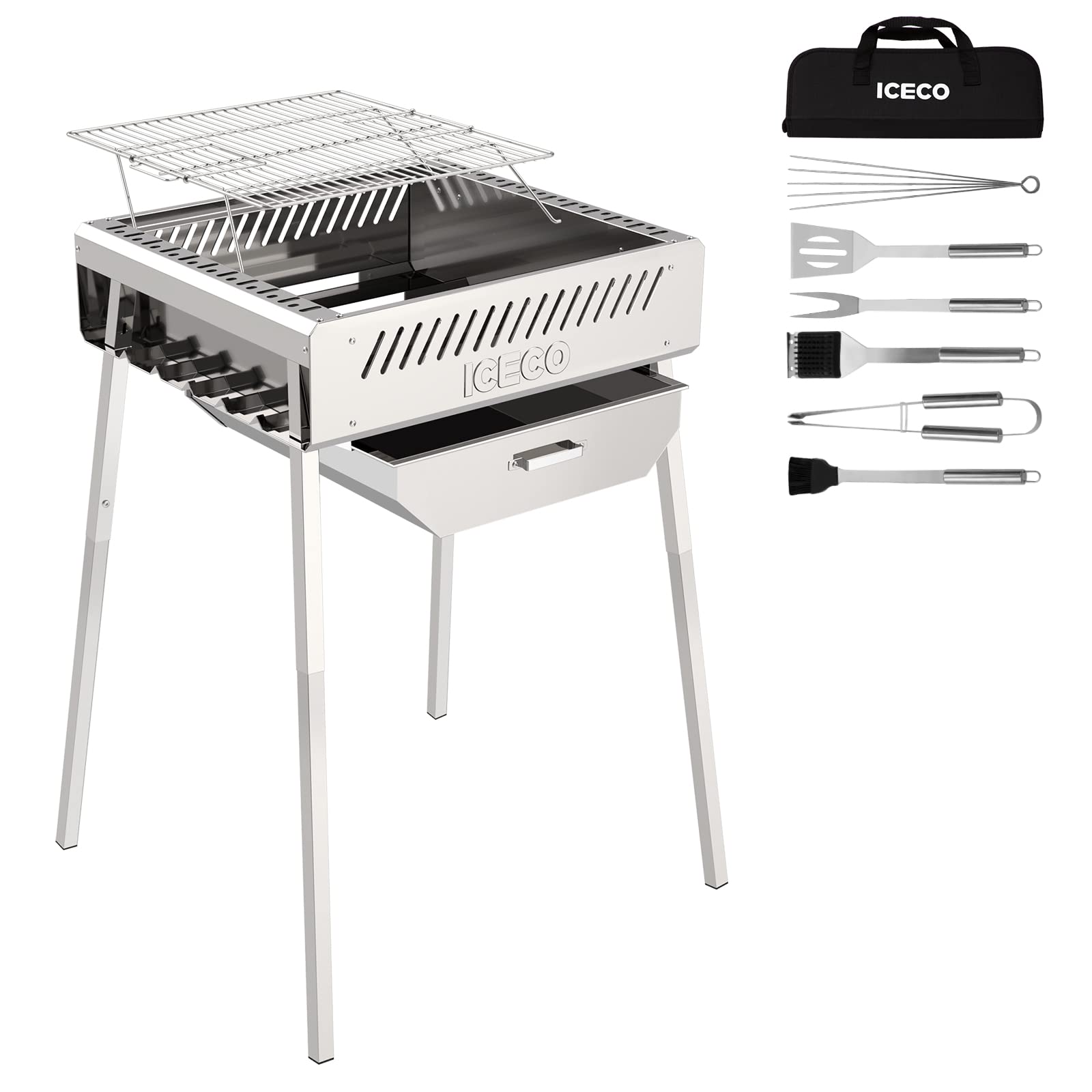 ICECO Portable Stainless Steel Charcoal Grill with Accessories - Adjustable Height, Foldable BBQ Grill for Camping, Backyard, Patio & Outdoor Barbecue Parties | Perfect for Grilling, Smoking & Kebabs