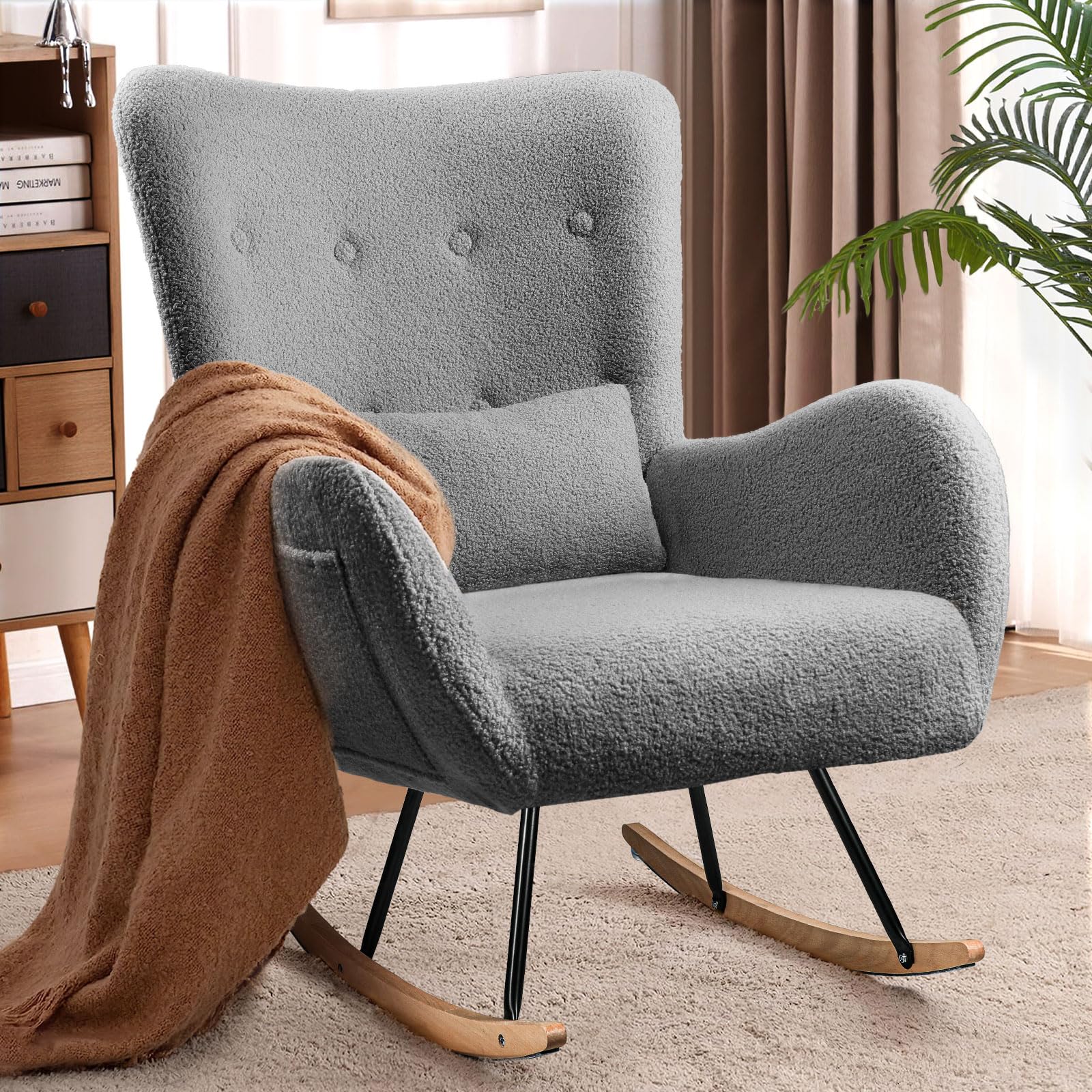 Waleaf Teddy Upholstered Rocking Chair - High Backrest Nursery Glider with Padded Seat, Comfortable Nursing Chair for Bedroom, Living Room & Nursery (Gray) | Perfect for Breastfeeding, Reading & Relaxing