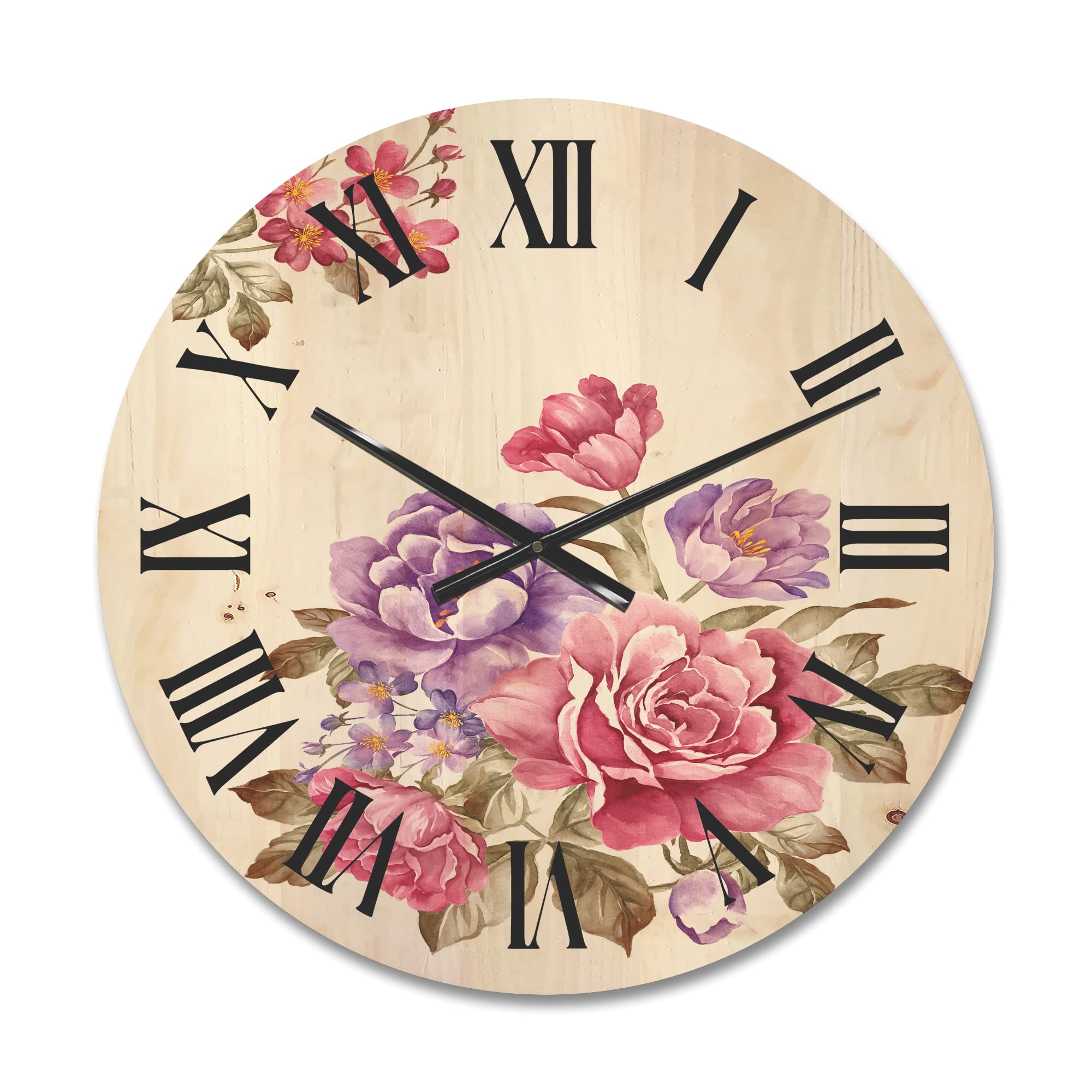 Farmhouse Wood Wall Clock - Large Decorative Floral & Botanical Wall Art with Purple and Pink Flowers - Oversized Rustic Wooden Clock for Living Room, Bedroom, Kitchen & Office Décor