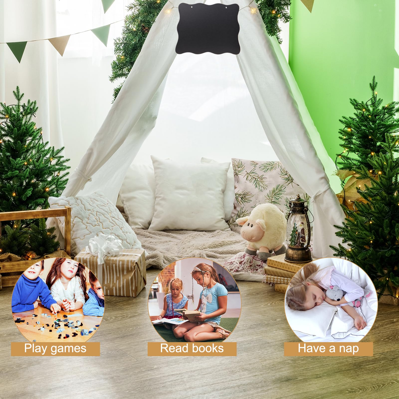 6-Piece Teepee Tent Set with Chalkboard & 10FT Fairy Lights - Foldable Indoor/Outdoor Play Tent for Kids, Girls & Boys - Perfect for Birthday Parties, Boho Sleepovers, Camping & Nursery Decor (White)