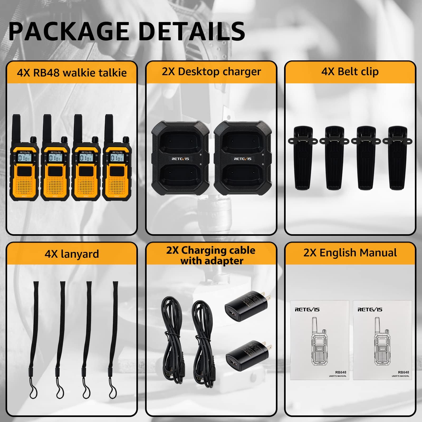 Retevis RB48 Heavy Duty Waterproof Walkie Talkies - 2 Pack Long Range Two Way Radios with 2000mAh Battery, Triple Proof Design for Job Site, Construction, Outdoor Adventures & Emergency Communication (Yellow)