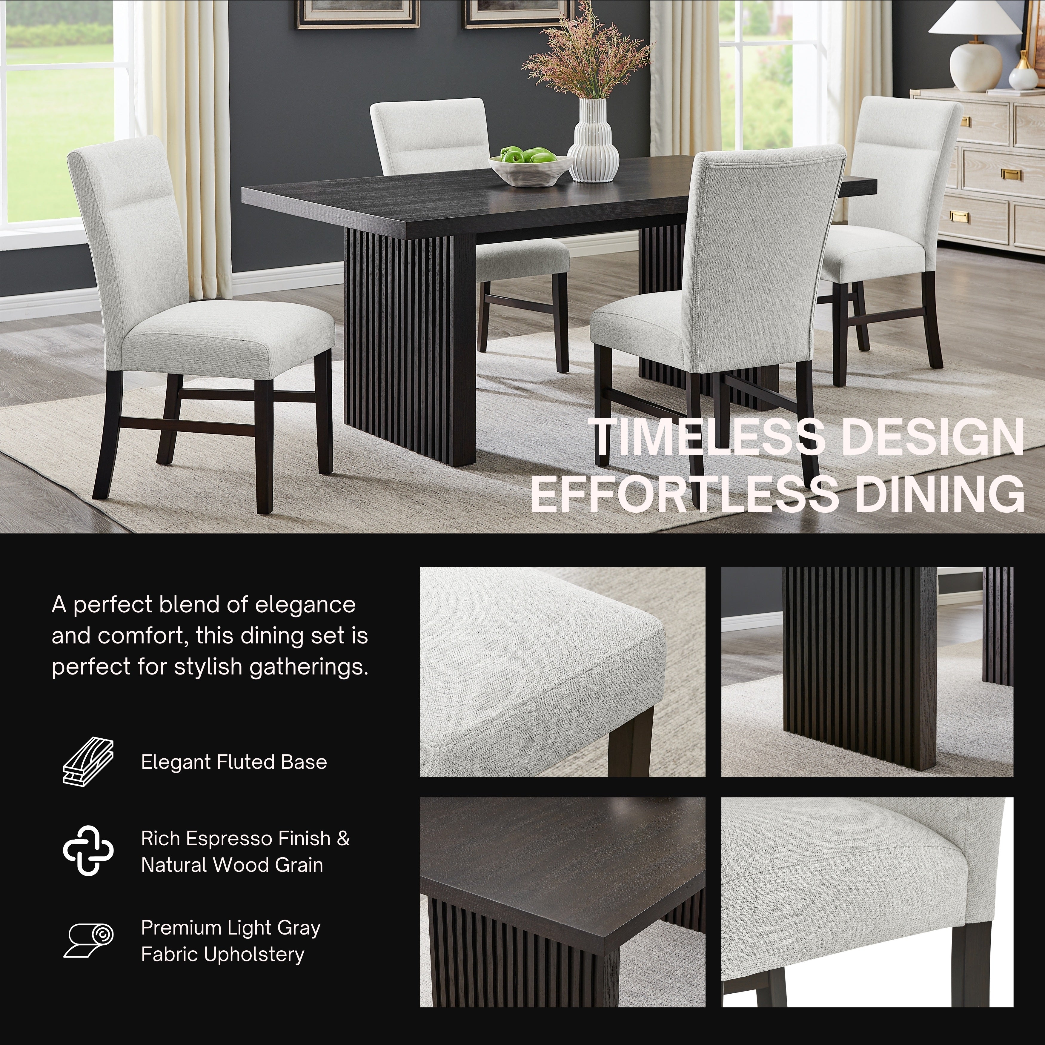 Roundhill Furniture Madison 5-Piece Dining Set - Gray Slat Fluted Dining Table with 4 Modern Upholstered Chairs for Kitchen, Dining Room & Small Space