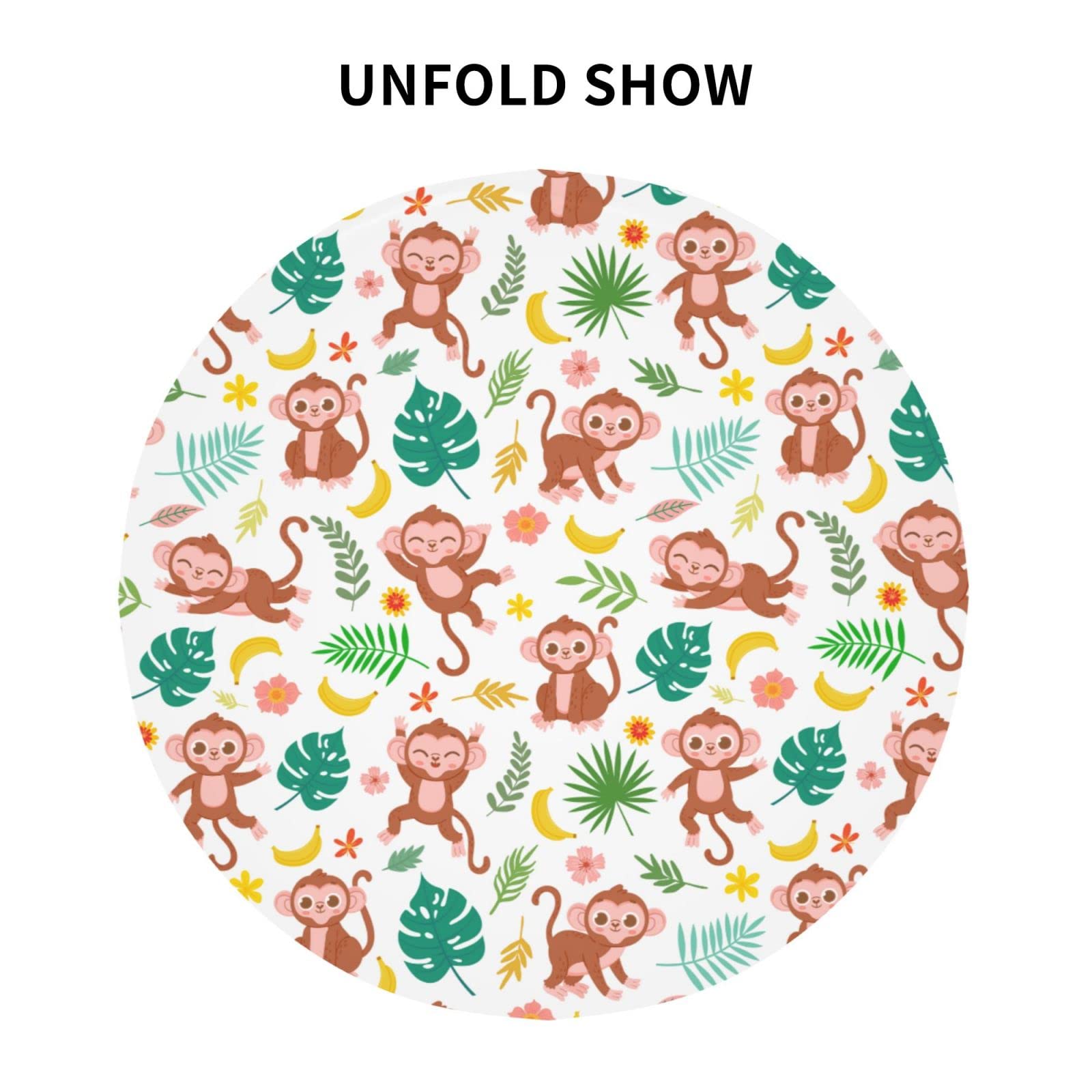 60 Inch Round Monkey Themed Tablecloth - Waterproof Spill Proof Table Cover with Baby Monkey, Banana & Tropical Leaves Design for Birthday Party, Picnic, Camping, Dinner & Outdoor Decor