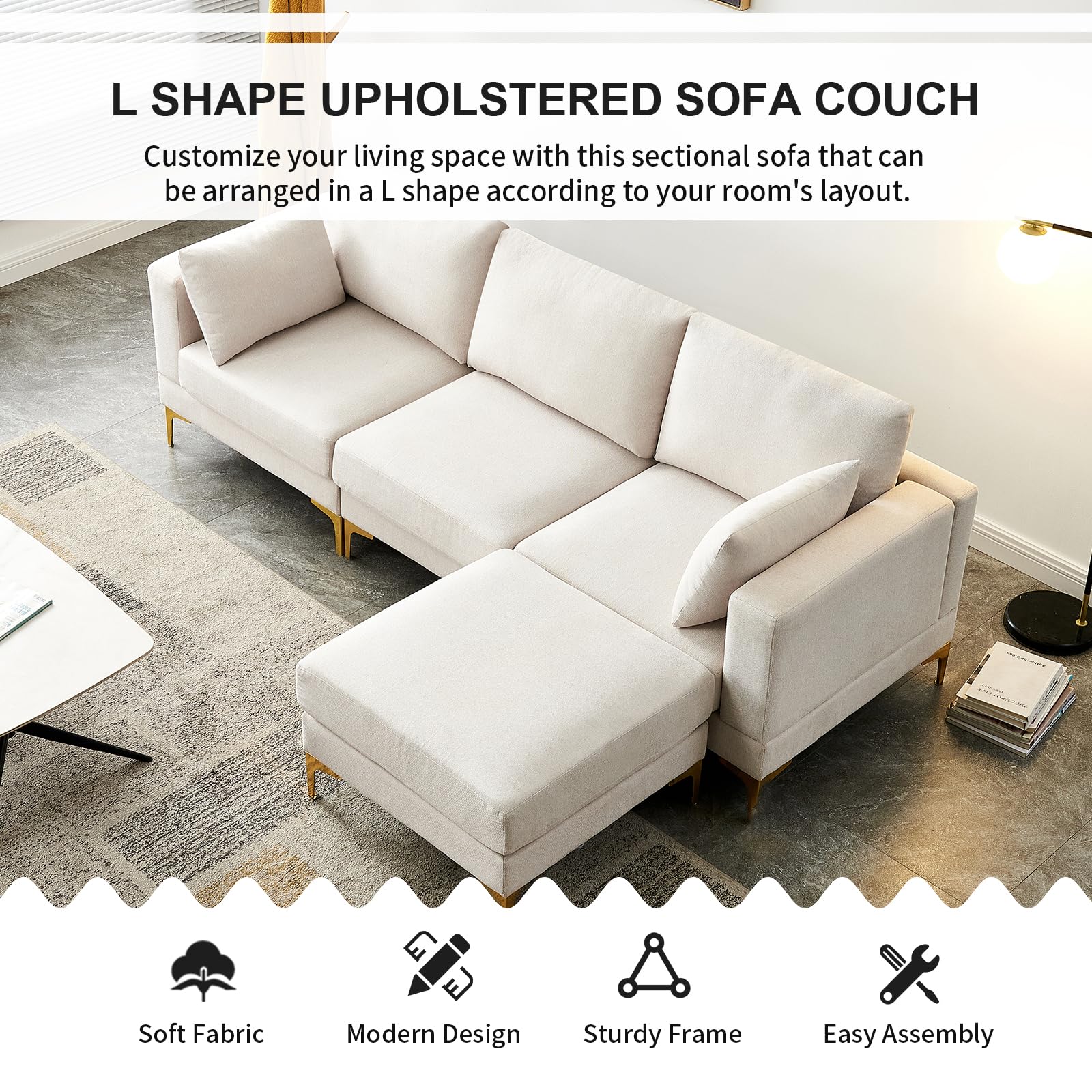 NIOIIKIT Modular Sectional Sofa - L-Shaped Upholstered Couch with Ottoman & Throw Pillows, 3-Seat Convertible Sofa with Chaise Lounge, Deep Seat Living Room Furniture for Small Spaces (Beige) | Perfect for Apartments, Home Theater & Family Gatherings
