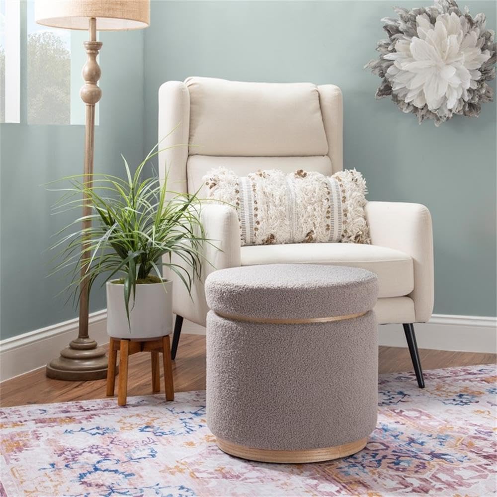 Linon Hawn Round Padded Storage Ottoman with Light Wood Trim - Gray Sherpa Fabric Upholstered Footrest Bench for Living Room, Bedroom & Home Decor