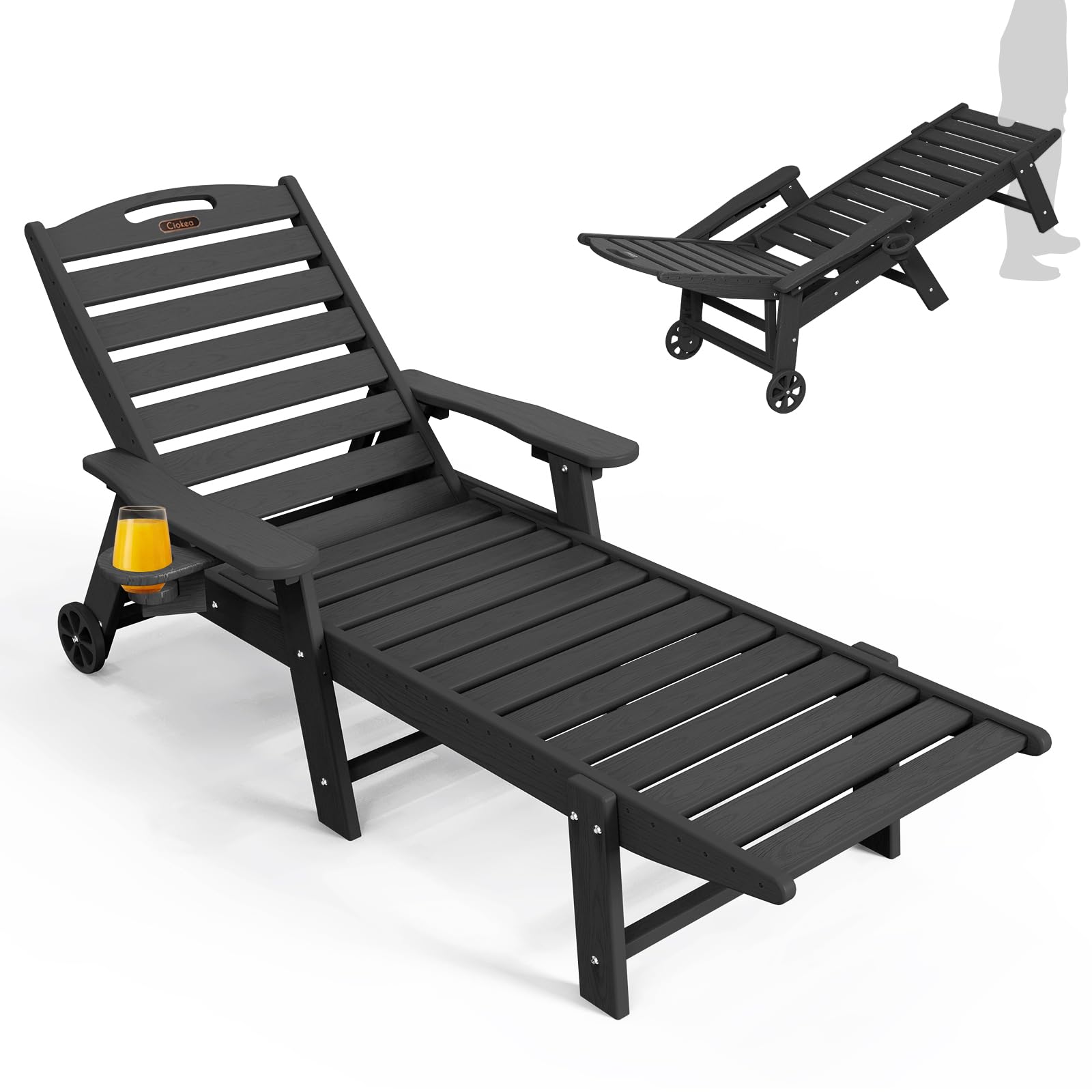 Oversized Outdoor Lounge Chair with 5 Adjustable Positions, HDPE Patio Chaise with Wheels & Cup Holder - Perfect for Poolside, Deck, Backyard Relaxation & Sunbathing