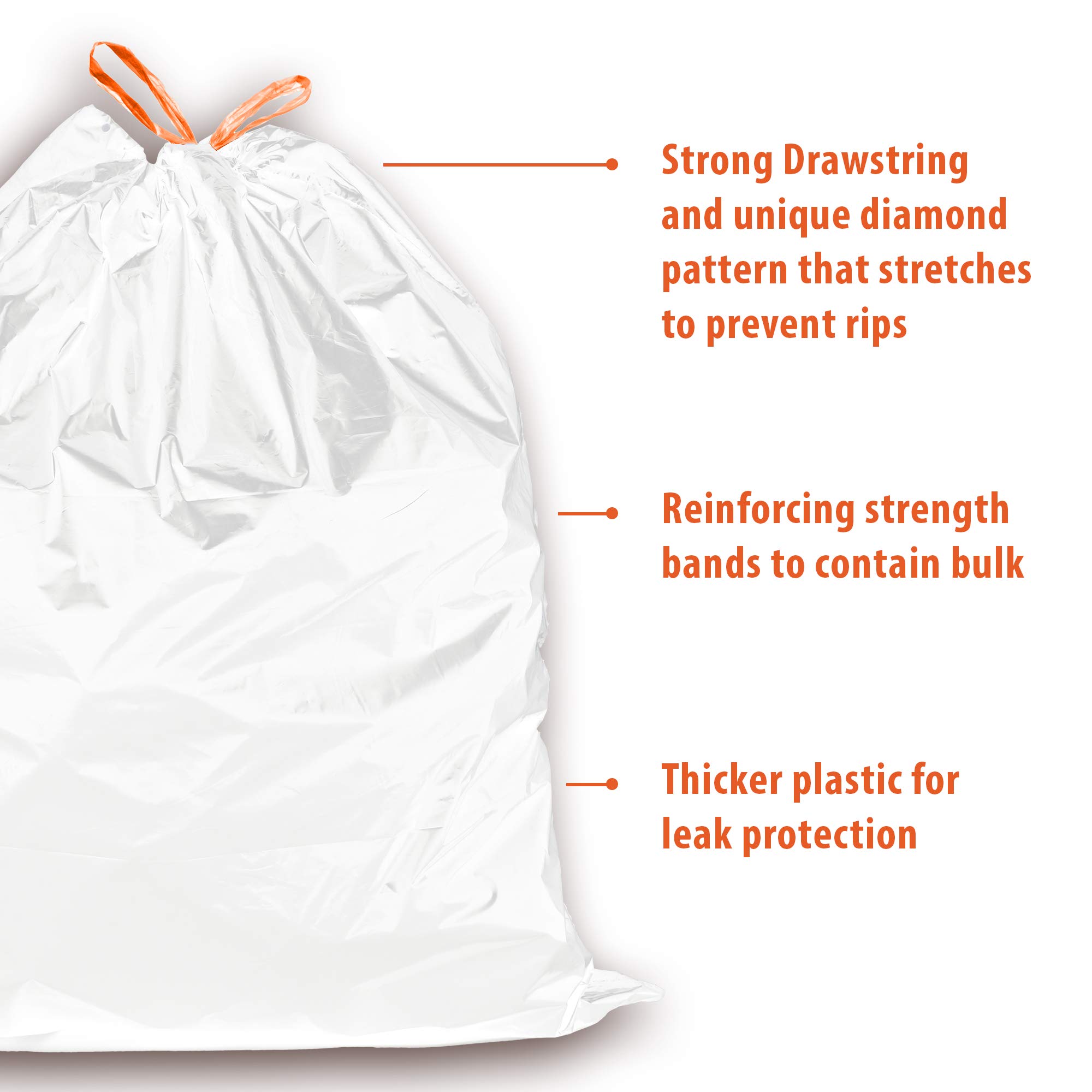 Touchless Custom Fit Trash Bags - Heavy Duty 13 Gallon Drawstring Garbage Bags for Kitchen, Bathroom & Office Waste Disposal (60 Count)