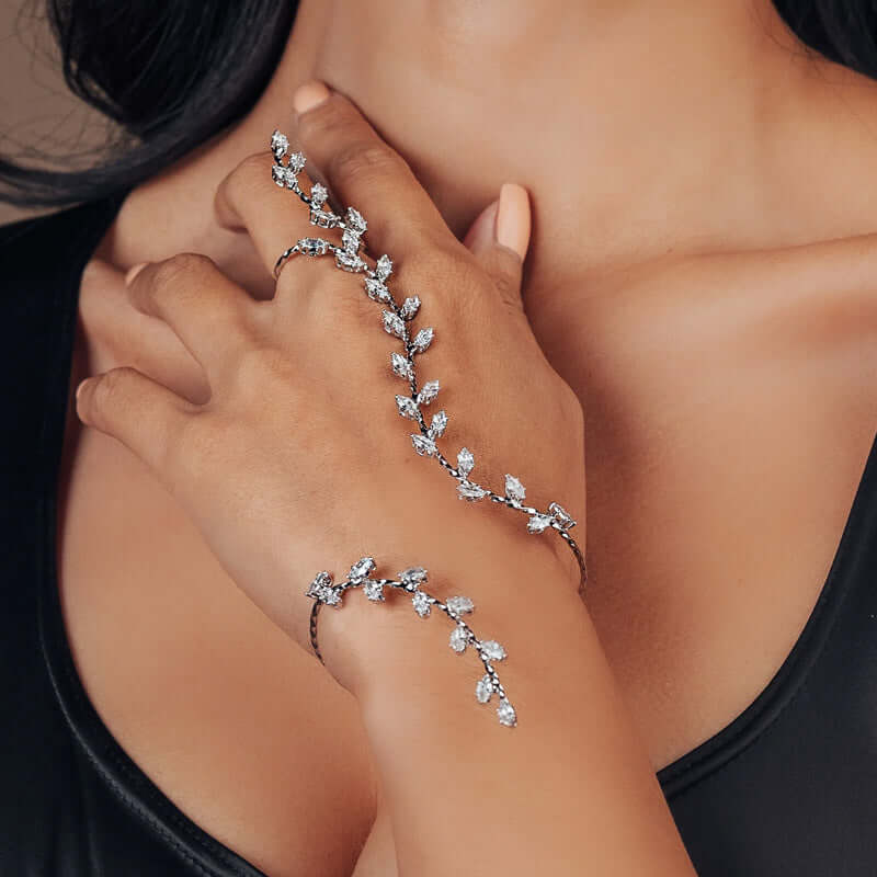 Olive Branch Leaf Bridal Hand Cuff Bracelet - Elegant Wedding Jewelry for Brides, Bridesmaids & Boho Weddings | WJ806 | Perfect for Beach, Garden & Outdoor Ceremonies