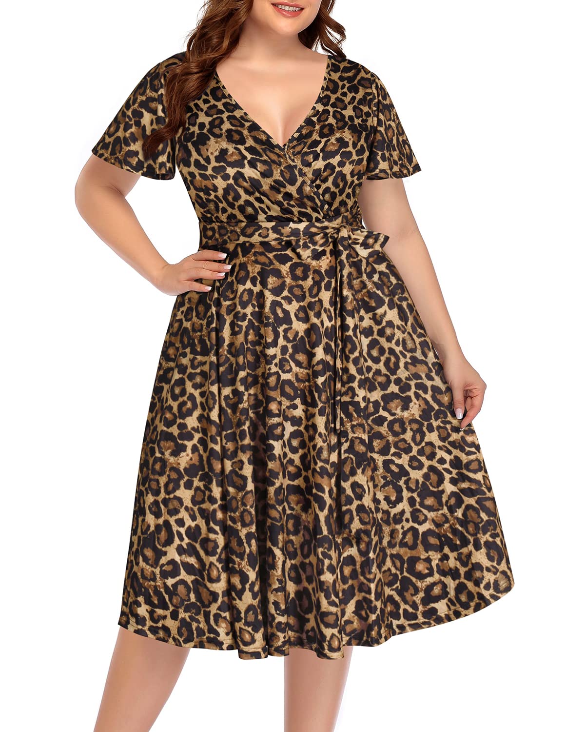 **Plus Size Women's Pinup Fashion Dress - Semi Formal Cocktail Wrap Empire Waist Midi Dress for Wedding Guest, Party & Special Occasions**