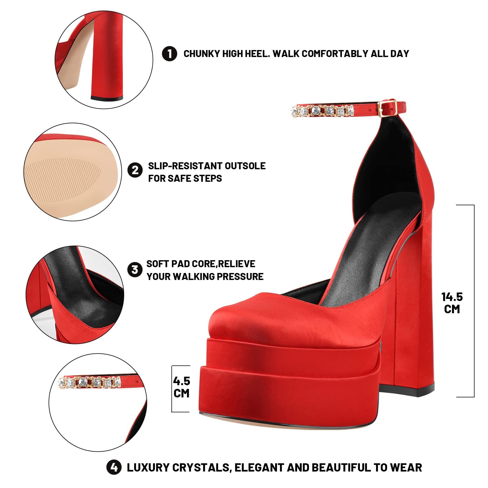 Women's Chunky Heel Platform Pumps - Square Toe Rhinestone Ankle Strap Satin Dress Shoes for Party, Wedding & Evening Events