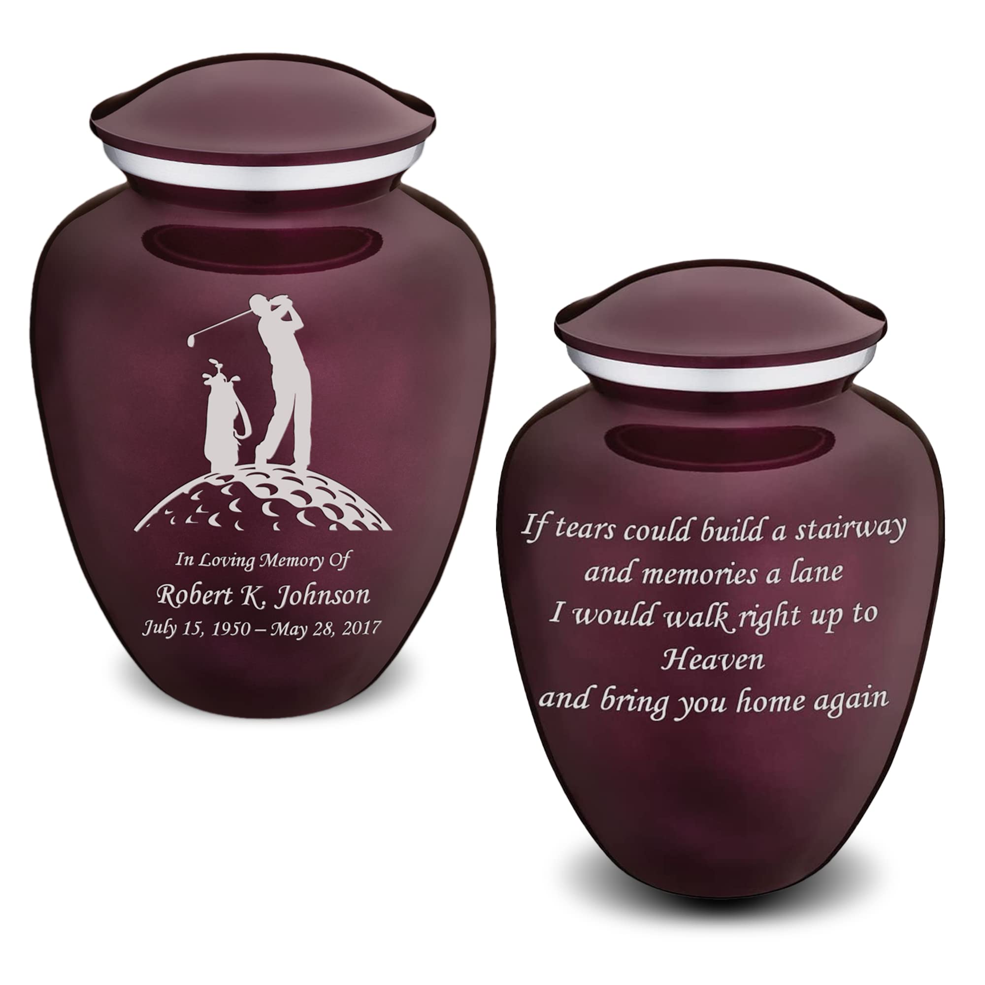 Personalized Golf Cremation Urns for Ashes - Large Cherry Purple Funeral Urn for Men & Women with Double-Sided Engraving (Holds 200 lbs) - Memorial Keepsake for Golf Lovers, Perfect for Home Display or Burial Ceremony