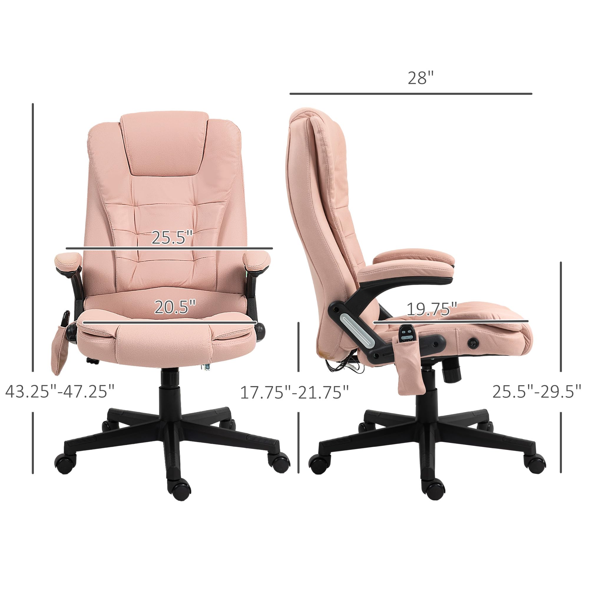 HOMCOM 6-Point Vibrating Massage Office Chair with Heating - High Back Executive Chair with Reclining Function, Padded Armrests & Remote Control - Pink Microfiber Ergonomic Chair for Home & Office Use - Perfect for Work, Relaxation & Pain Relief
