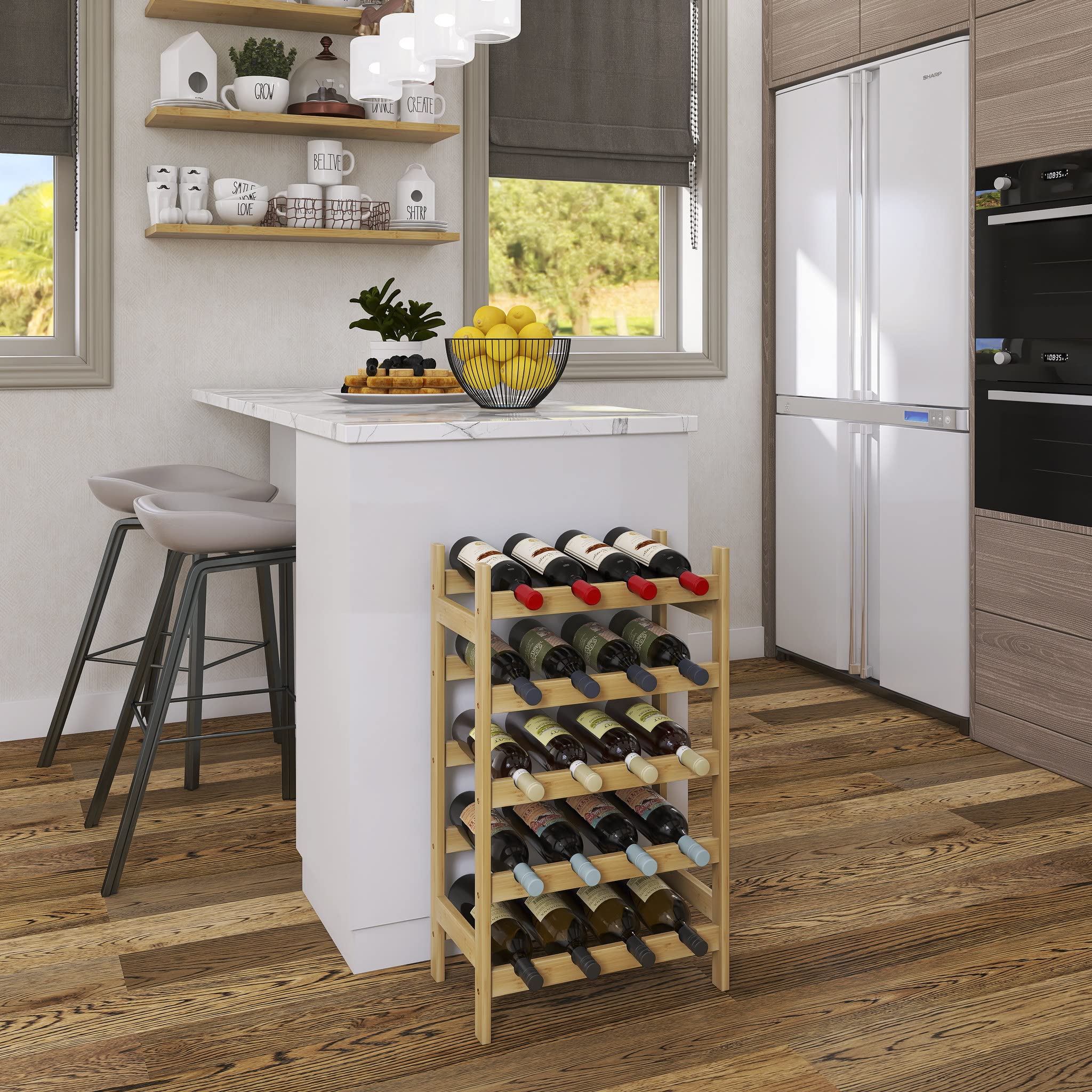 SMIBUY 5-Tier Bamboo Wine Rack - Holds 20 Bottles - Free Standing Wine Storage Shelf for Kitchen, Pantry, Cellar or Bar - Natural Wood Display Holder - Perfect for Home Entertaining & Wine Collection Organization