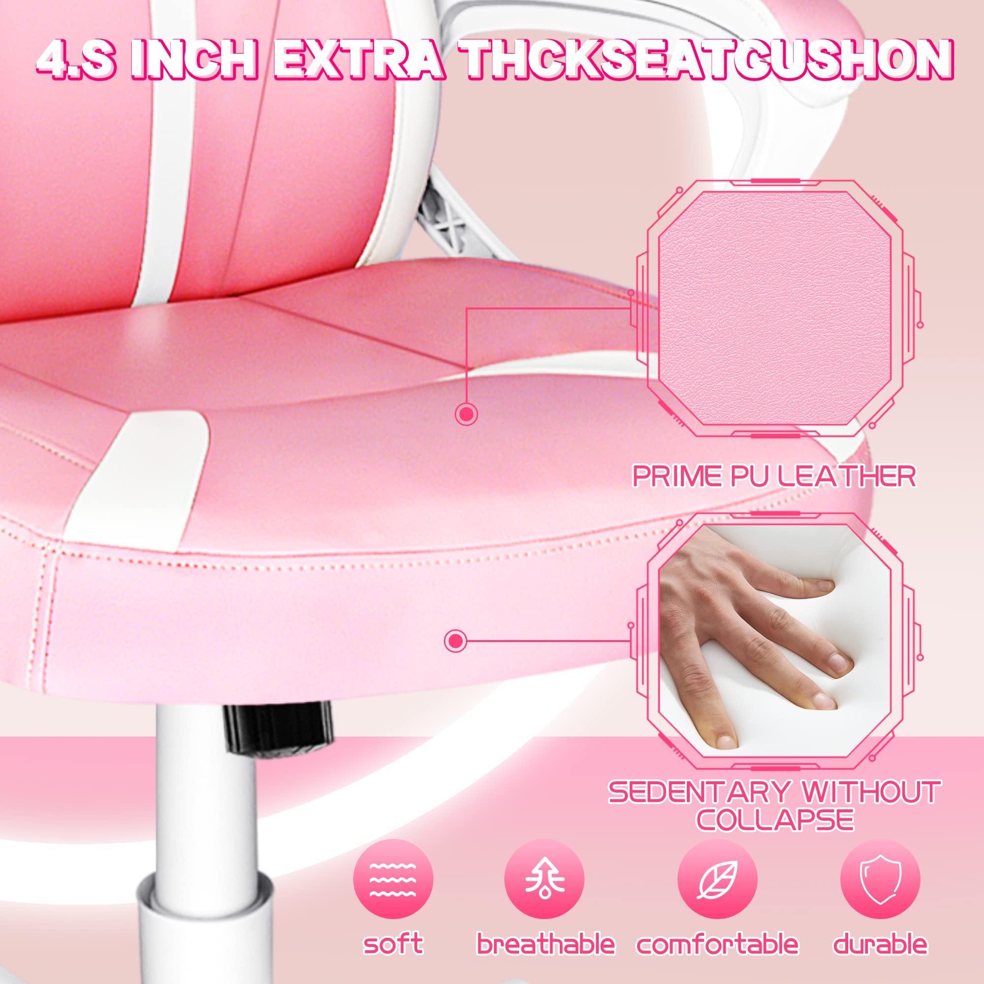 JOYFLY Ergonomic Pink Gaming Chair for Adults, Teens & Kids - Adjustable Height PC Office Chair with Lumbar Support - Perfect for Esports, Streaming & Home Workstations (Pink)