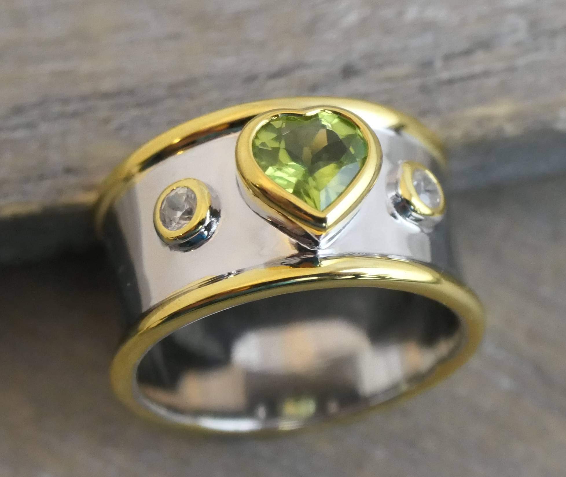 Peridot & Zircon Heart Shaped Sterling Silver Ring - Natural Gemstone Jewelry, August Birthstone - Handmade Gift for Women, Valentine's Day, Mother's Day & Birthday - Perfect for Romantic Occasions, Anniversary Celebrations & Special Surprises