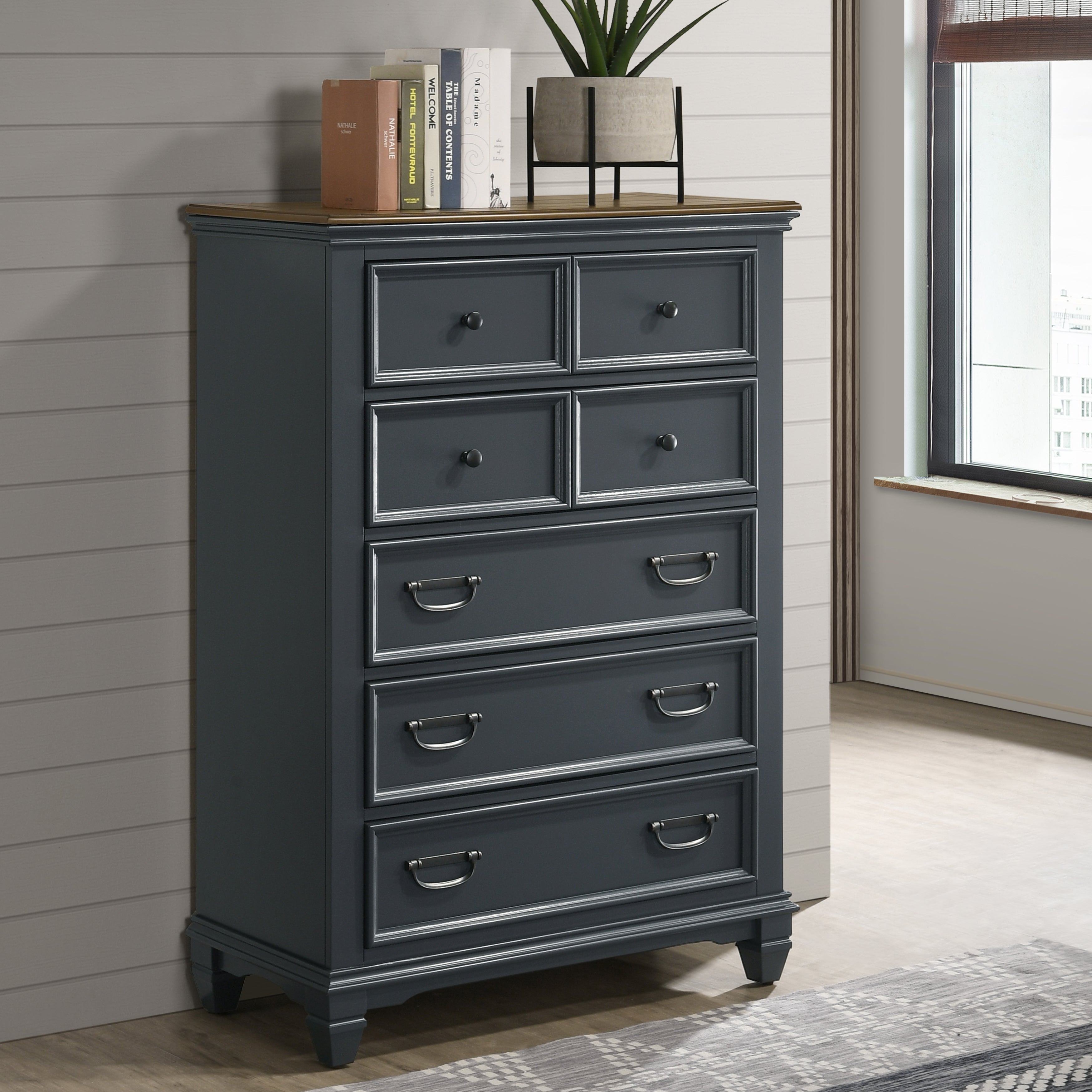 Roundhill Furniture Clelane Wood Bedroom Set with Shiplap Panel Bed - Queen Size, Slate Blue Finish - Modern Farmhouse Bedroom Decor for Master & Guest Rooms