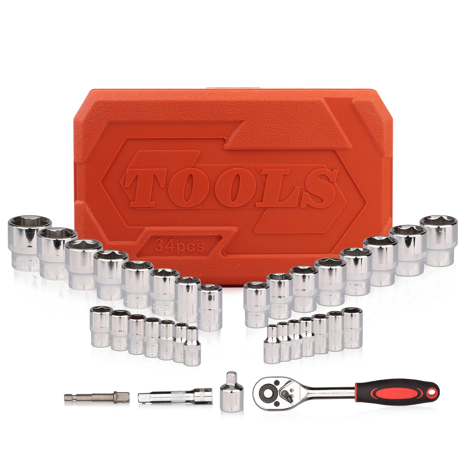 Egofine 34-Piece 3/8-Inch Drive Socket Ratchet Wrench Set - Metric & SAE Sockets with Extension Bar - Professional Auto Repair & Home Tool Kit (Includes Storage Case) - Perfect for Car Maintenance, DIY Projects, and Household Repairs